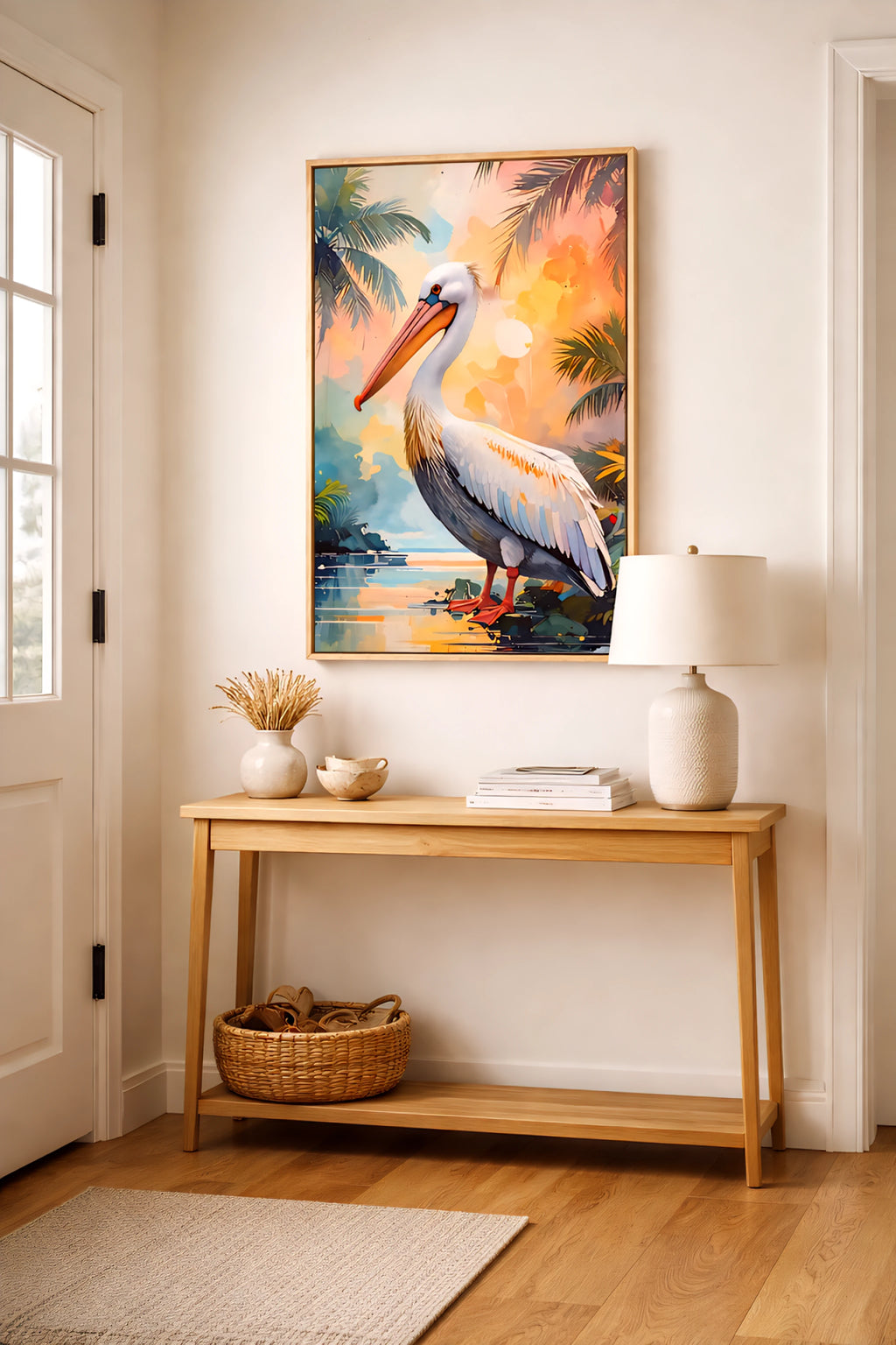 Coastal pelican wall art printable tropical bird digital download displayed above a console table in a bright beach style entryway.