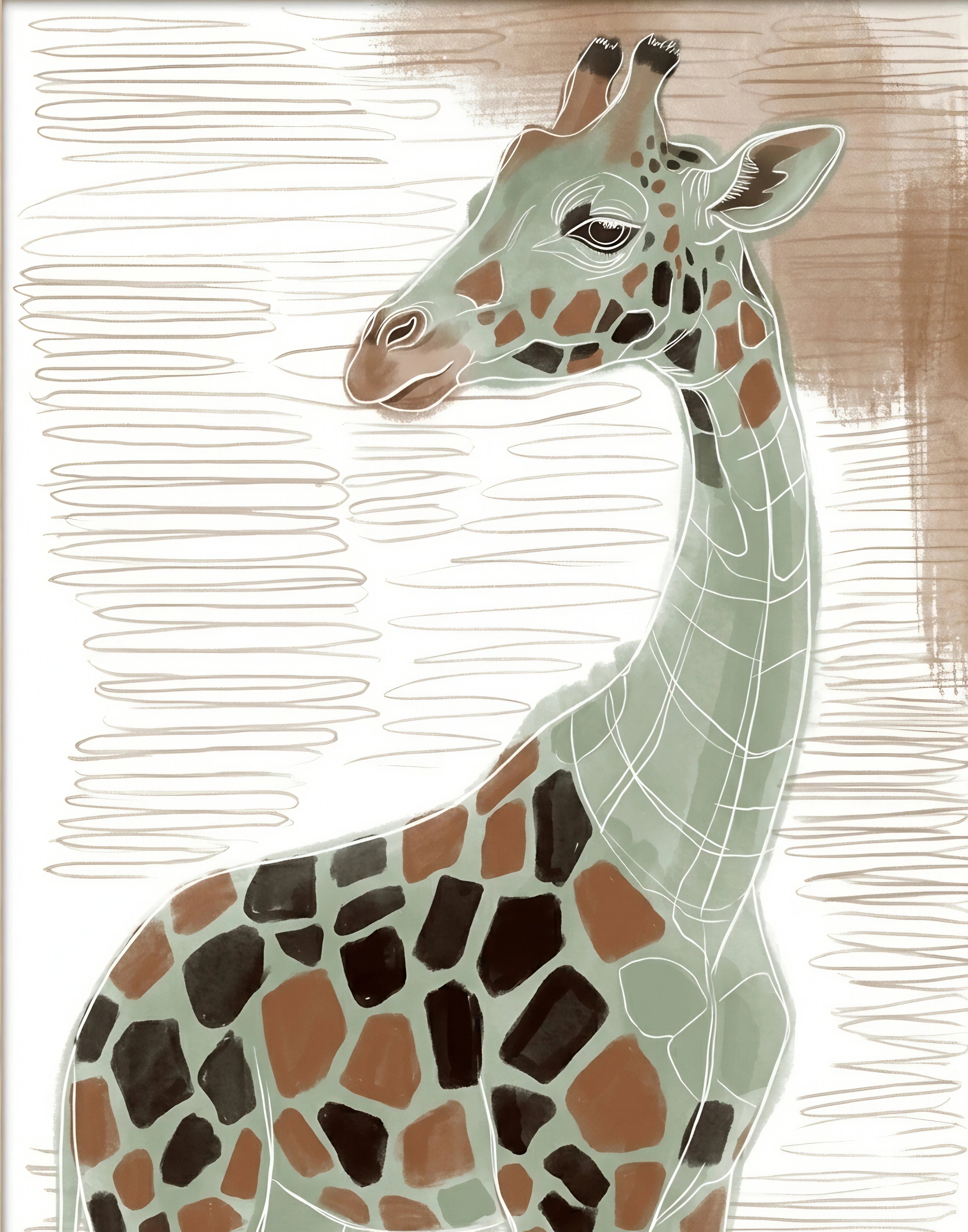 Giraffe wall art digital download in earth tones with modern safari style and minimalist line detail on neutral background