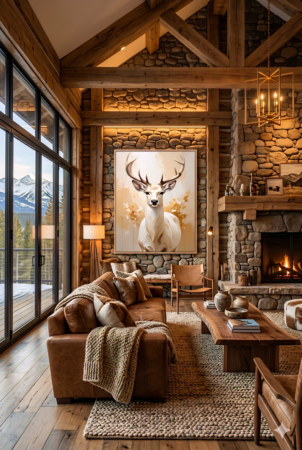 Mountain modern deer wall art in cabin great room, wildlife artwork above fireplace, stone wall, wood beams, mountain lodge living room decor, statement wall art