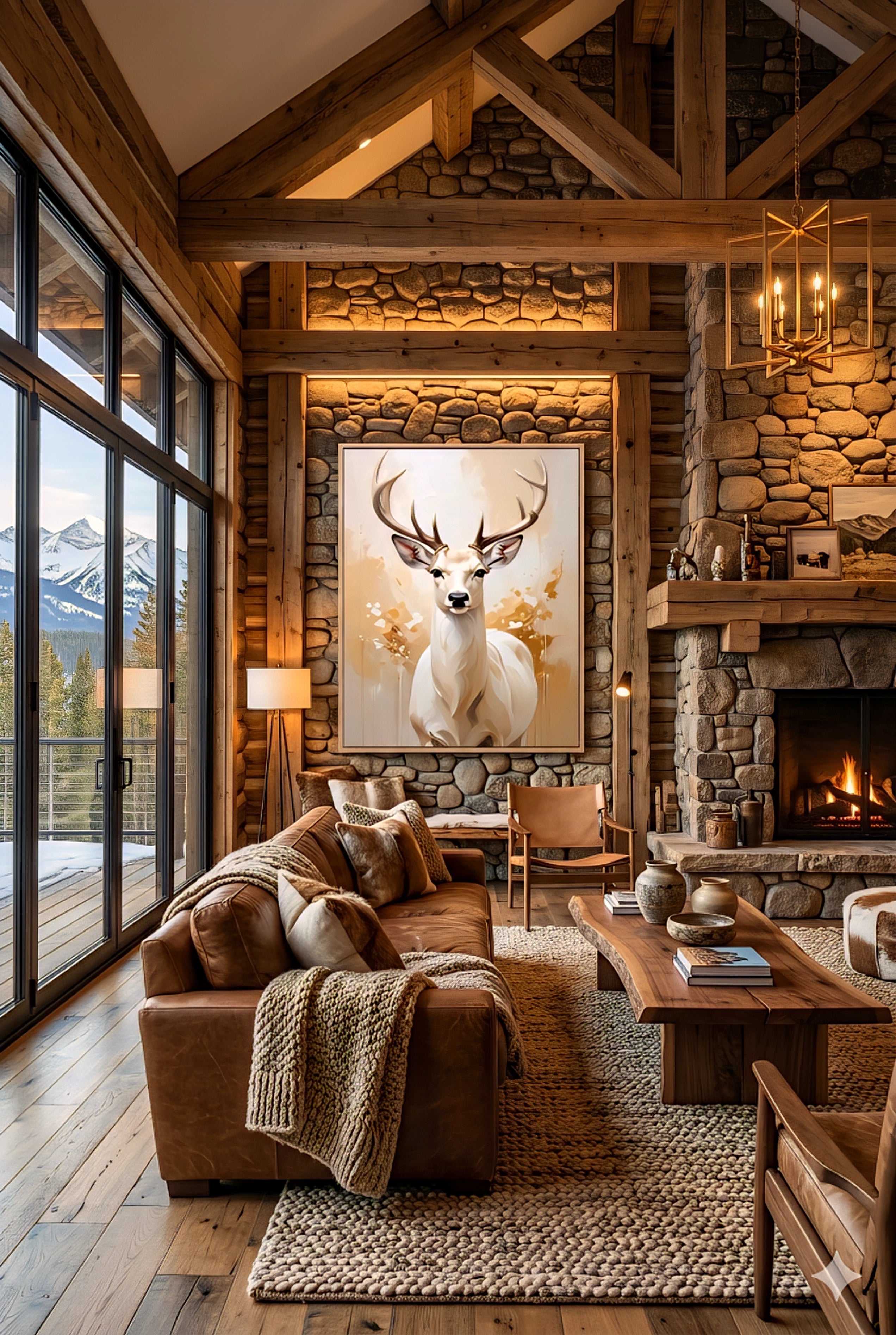 Mountain modern deer wall art in cabin great room, wildlife artwork above fireplace, stone wall, wood beams, mountain lodge living room decor, statement wall art