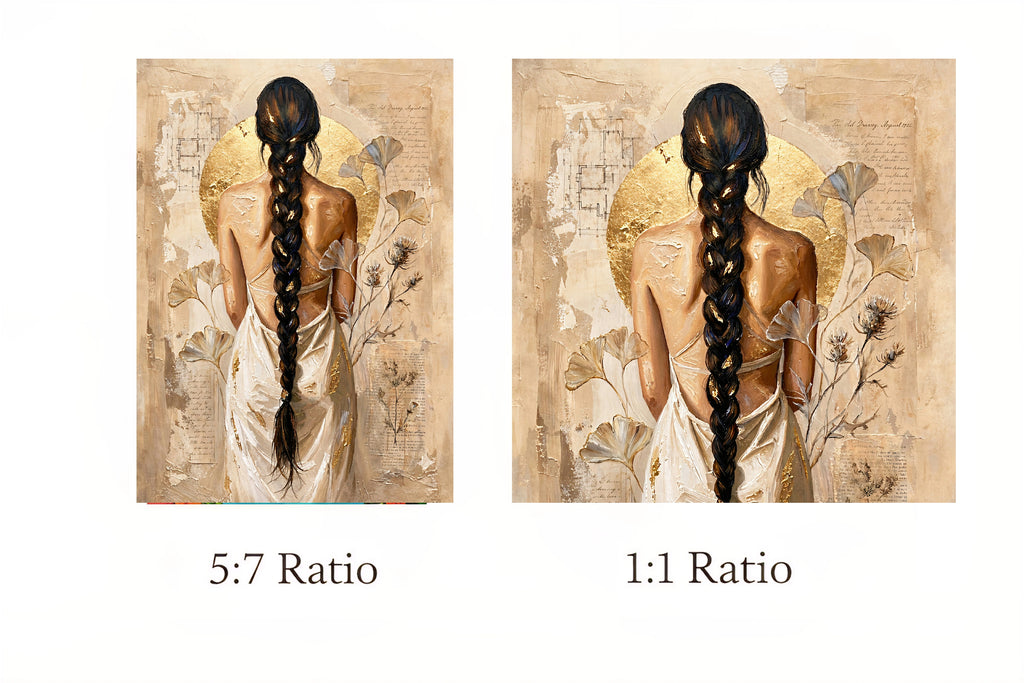 Two artistic representations of a woman with a long braid, one labeled 5:7 ratio and the other 1:1 ratio, on a textured beige background.