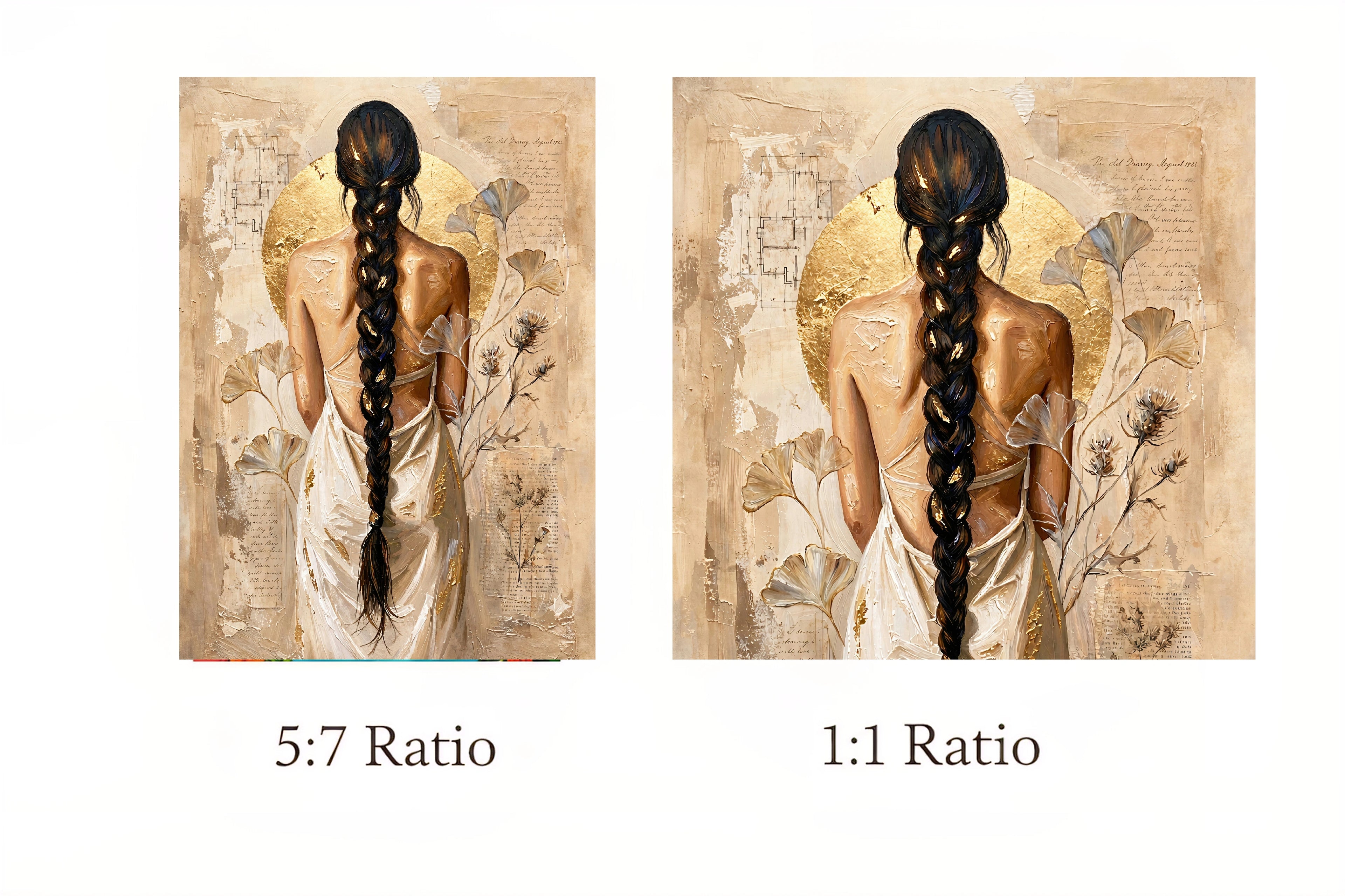 Two artistic representations of a woman with a long braid, one labeled 5:7 ratio and the other 1:1 ratio, on a textured beige background.