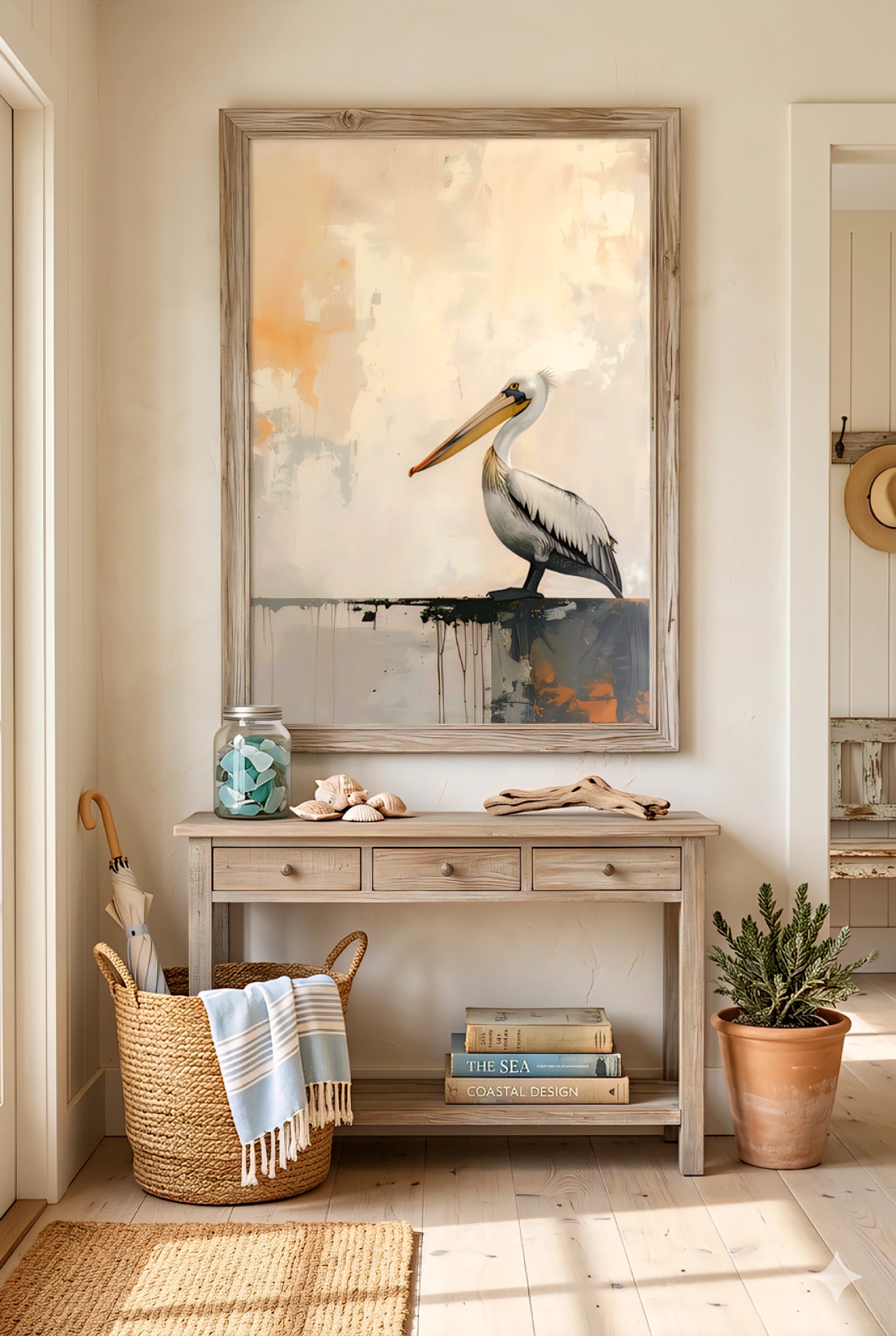 Coastal entryway console table decor with pelican wall art printable digital download in a light beach house hallway.