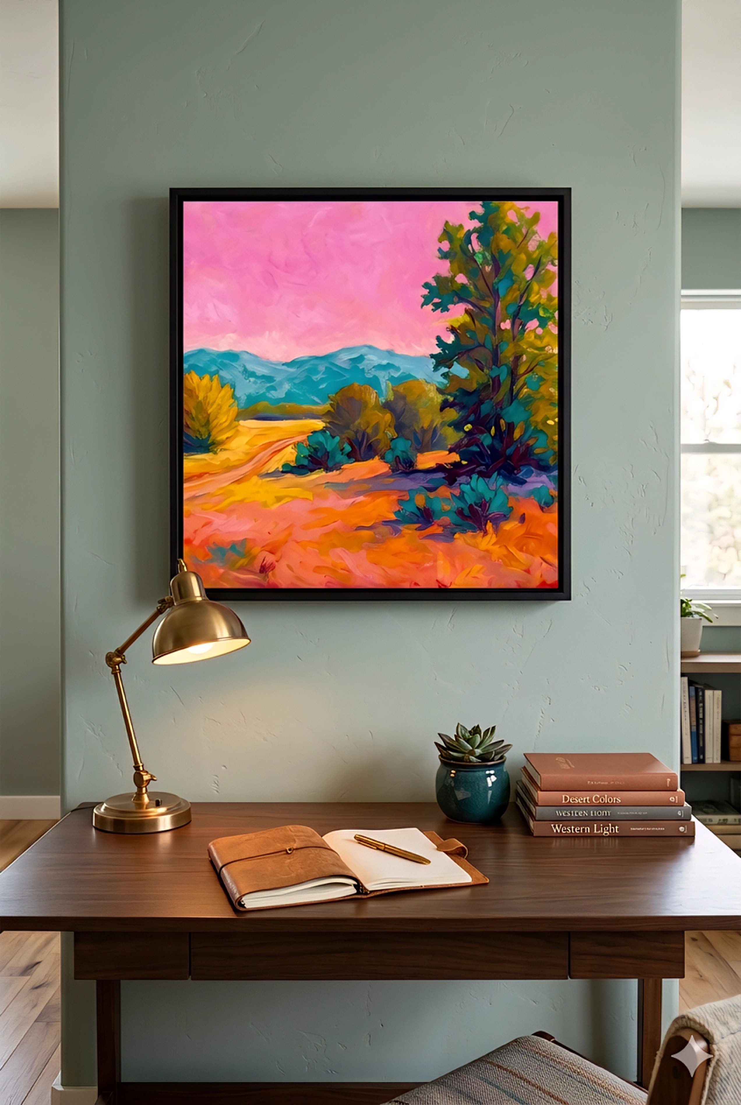 Colorful desert landscape wall art with pink sky in stylish home office, square framed printable artwork above wood desk with warm decor accents, digital download in horizontal vertical and square orientations