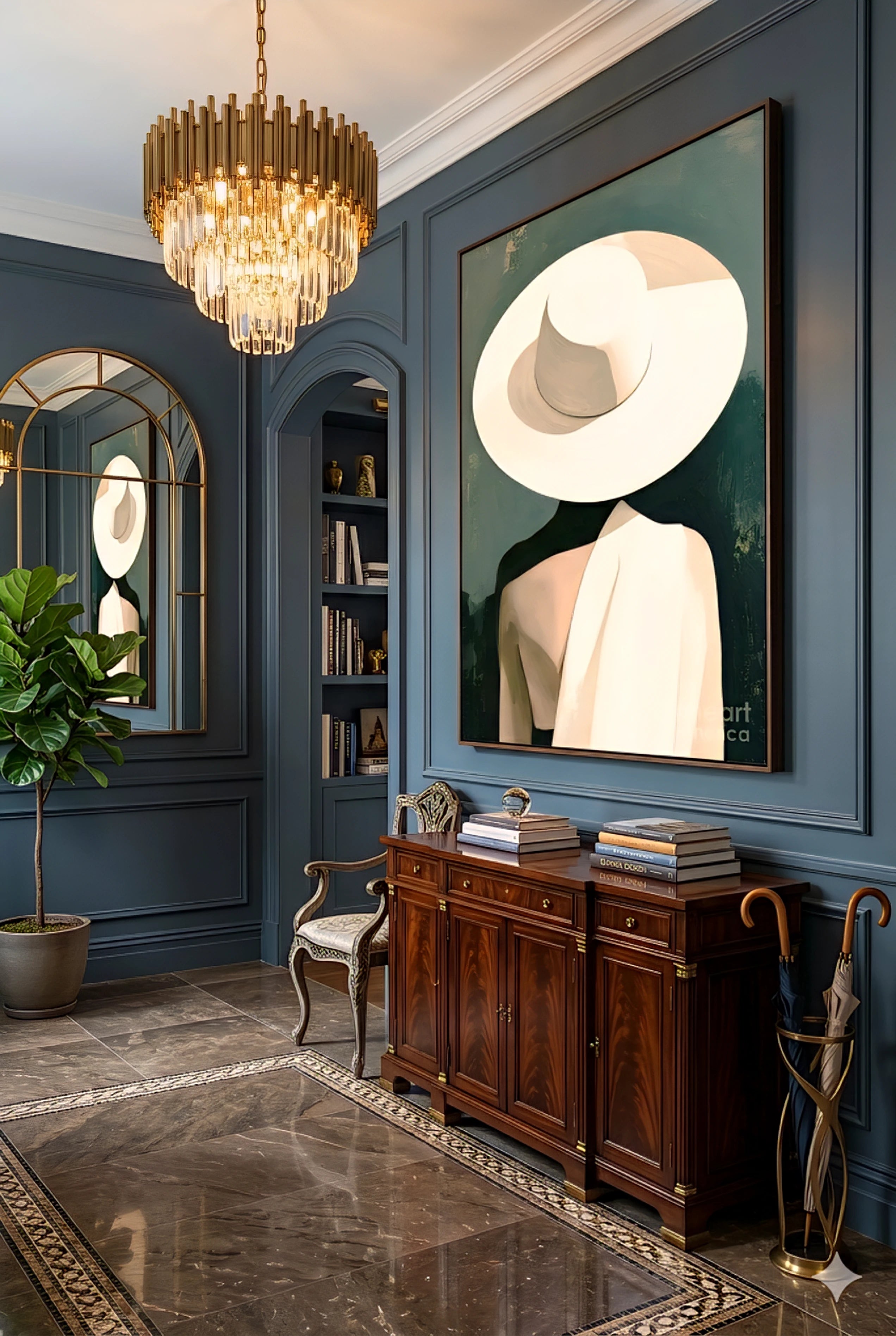 Minimalist woman with hat wall art in elegant entryway with blue walls and chandelier, neutral portrait styled above wood console table