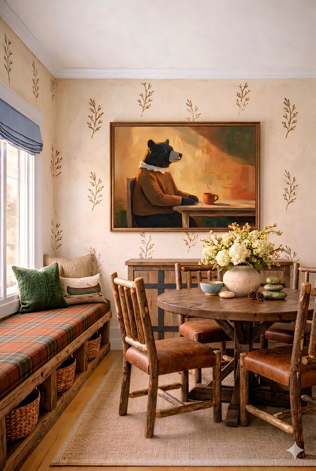 Framed bear wall art in cozy dining nook, rustic farmhouse decor with warm tones, animal cafe illustration print above wood table and bench seating