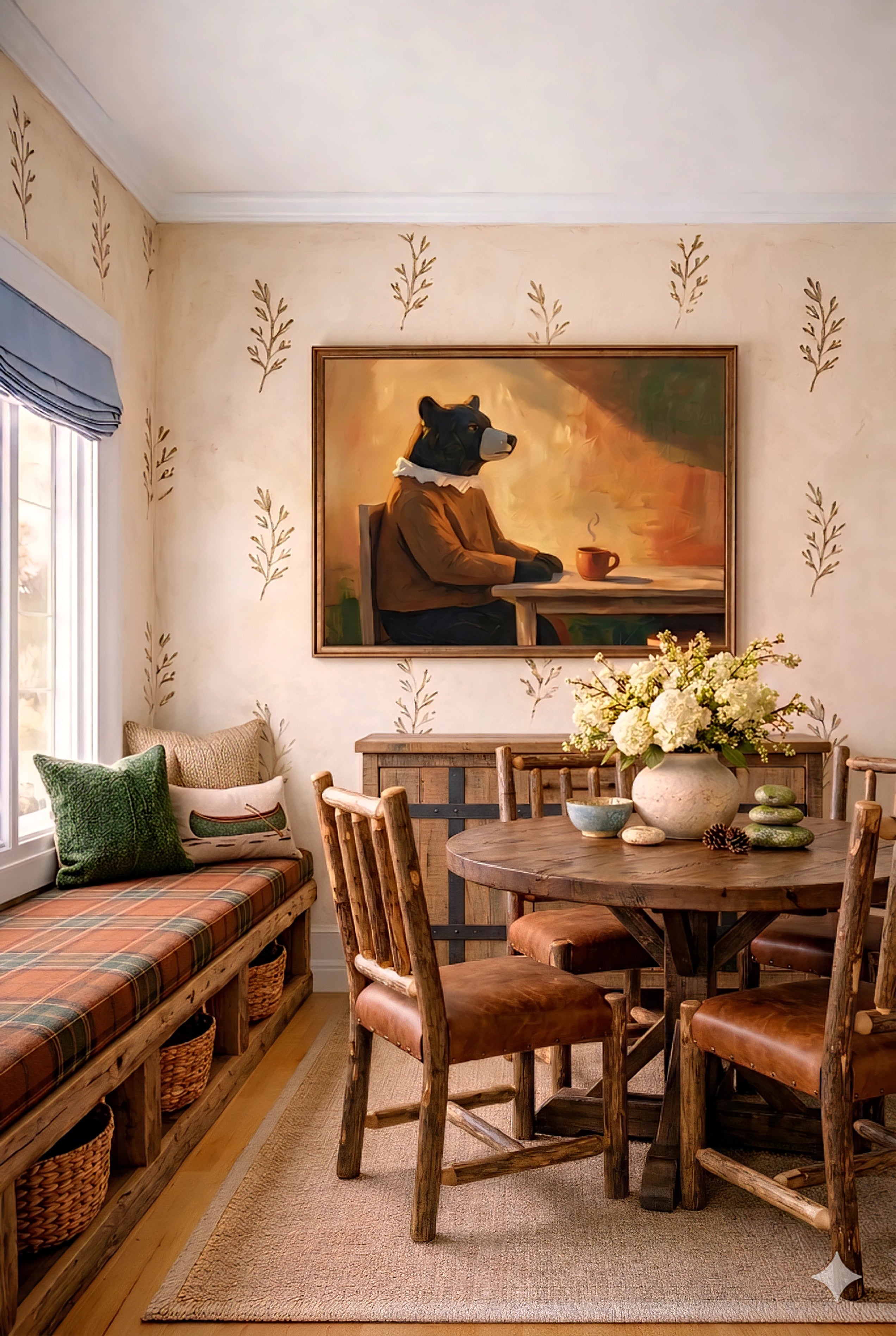 Framed bear wall art in cozy dining nook, rustic farmhouse decor with warm tones, animal cafe illustration print above wood table and bench seating