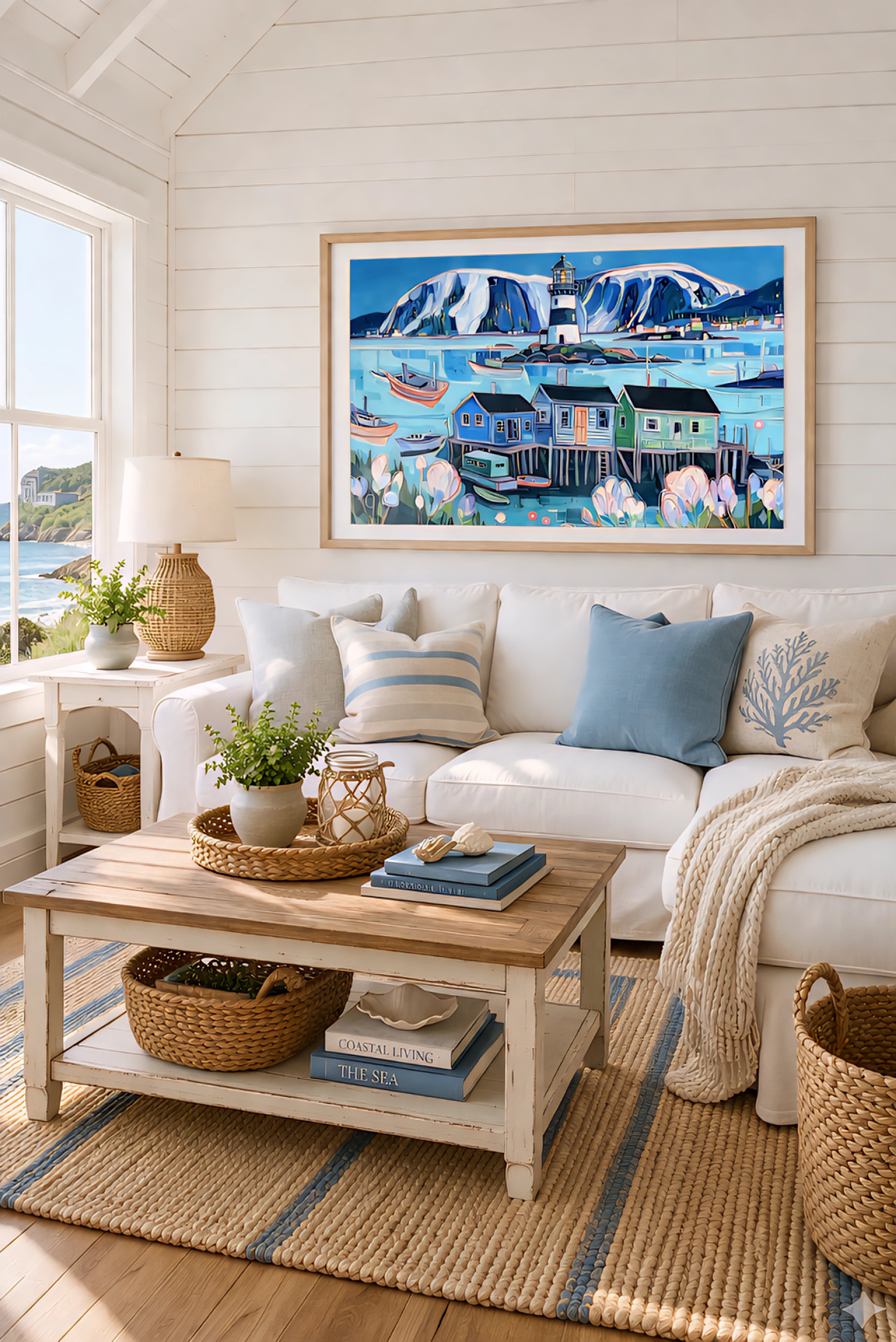 Coastal cottage living room wall art mockup with horizontal lighthouse harbor painting in light wood frame above white sofa, blue and beige pillows, woven textures, bright beach house decor and seaside wall art inspiration