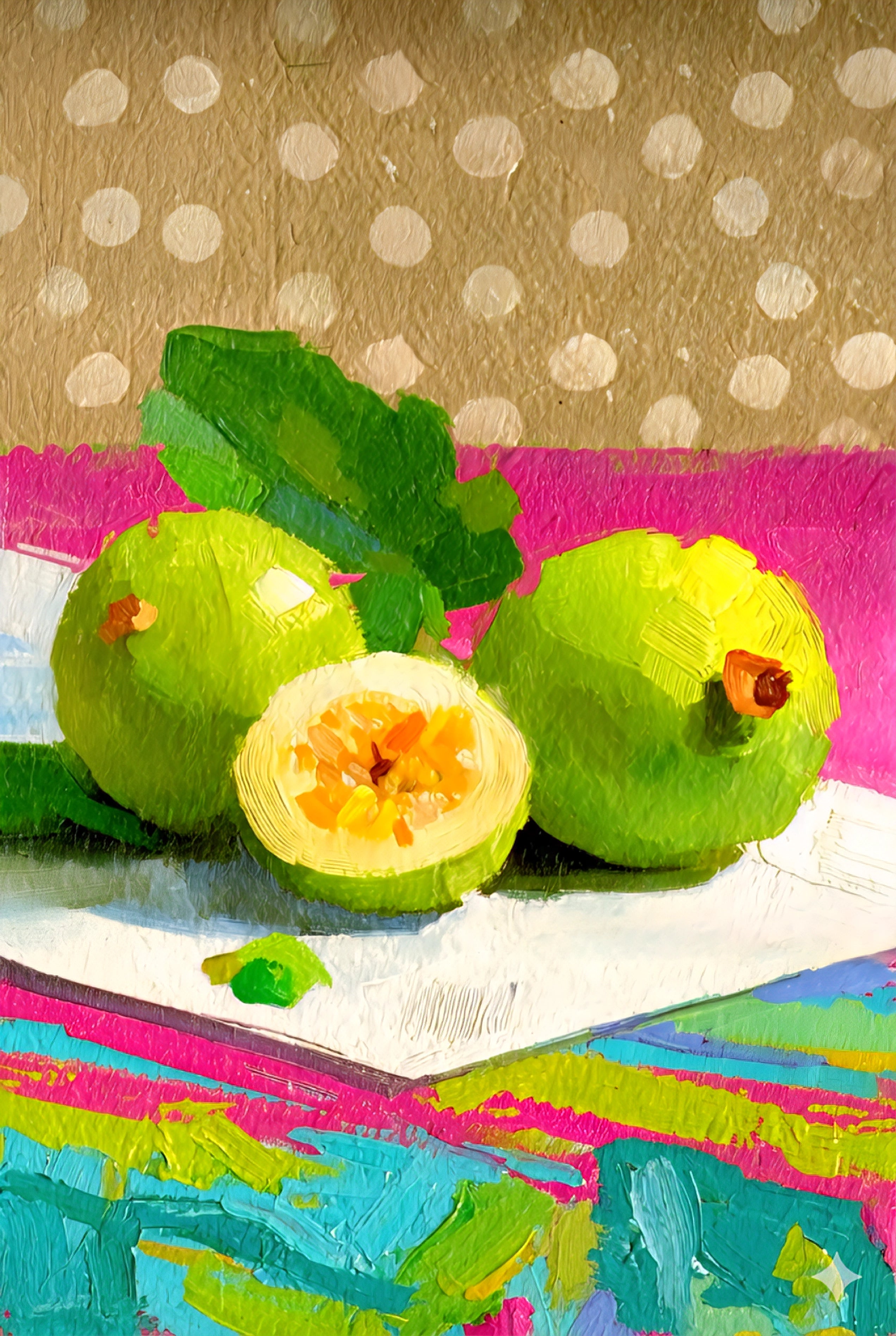Three green guava fruits with a polka dot and colorful background. Vertical artwork 