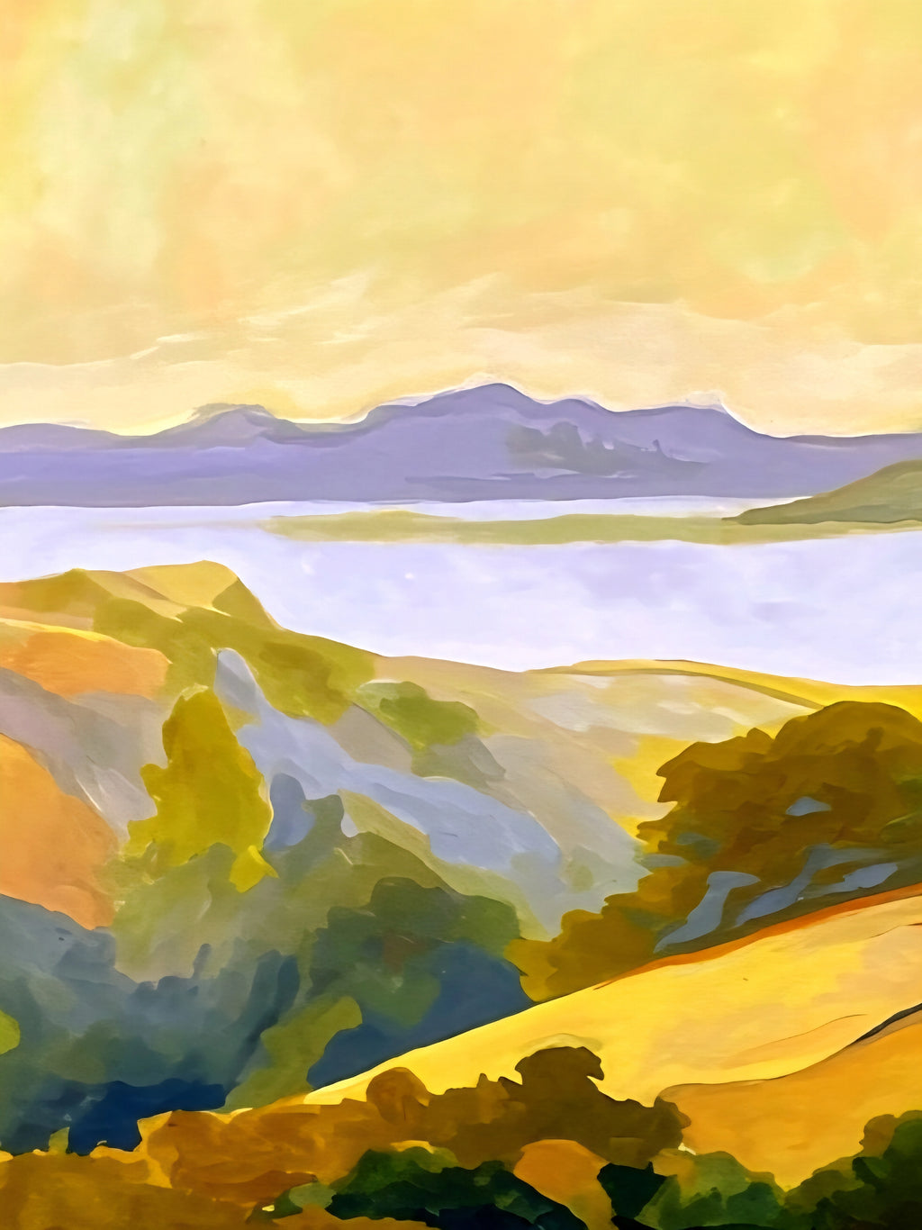 Golden hour landscape printable featuring hills, trees, and misty distance, nature wall art for coordinated gallery wall sets