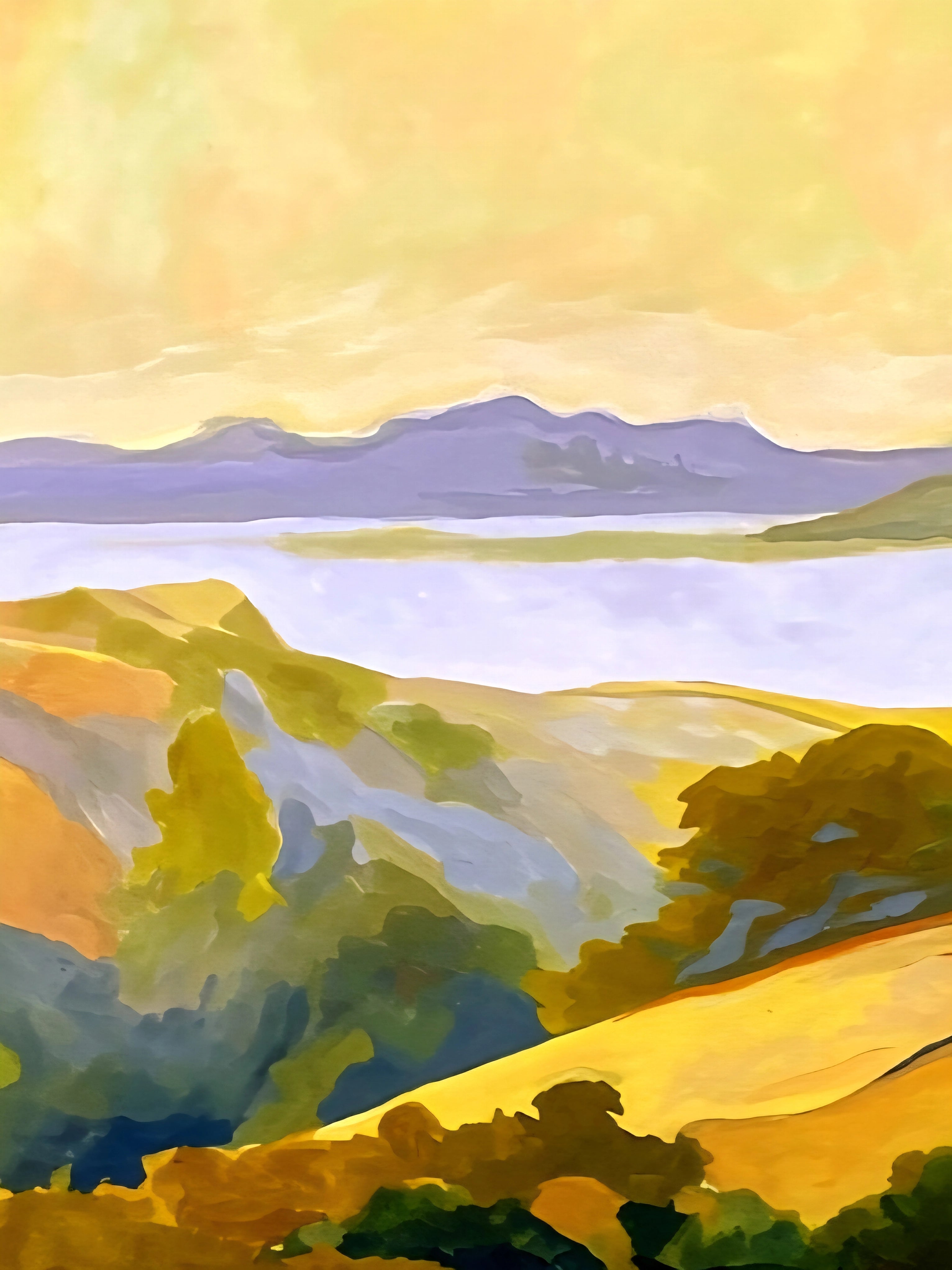 Golden hour landscape printable featuring hills, trees, and misty distance, nature wall art for coordinated gallery wall sets