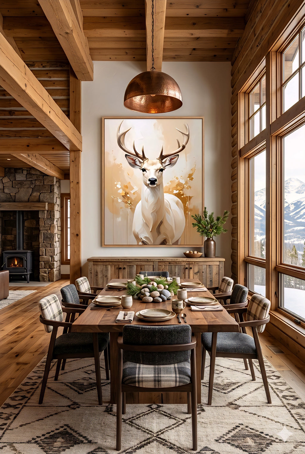 Modern deer wall art in cabin dining room, wildlife artwork above table, wood interior, mountain views, cozy lodge decor, statement wall art styling