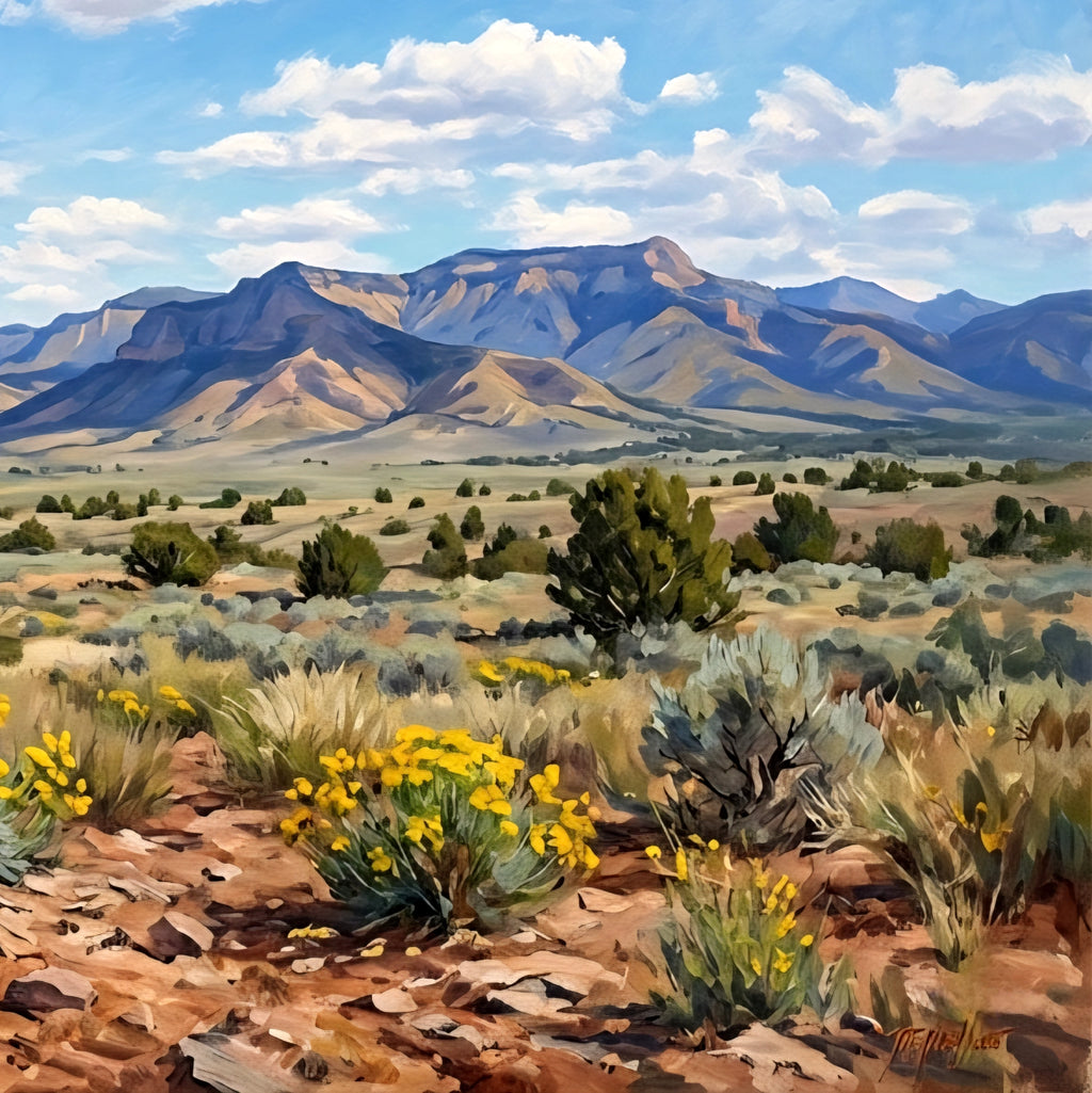 Square desert mountain landscape wall art printable, southwest scenery with wildflowers, blue sky, and earthy tones
