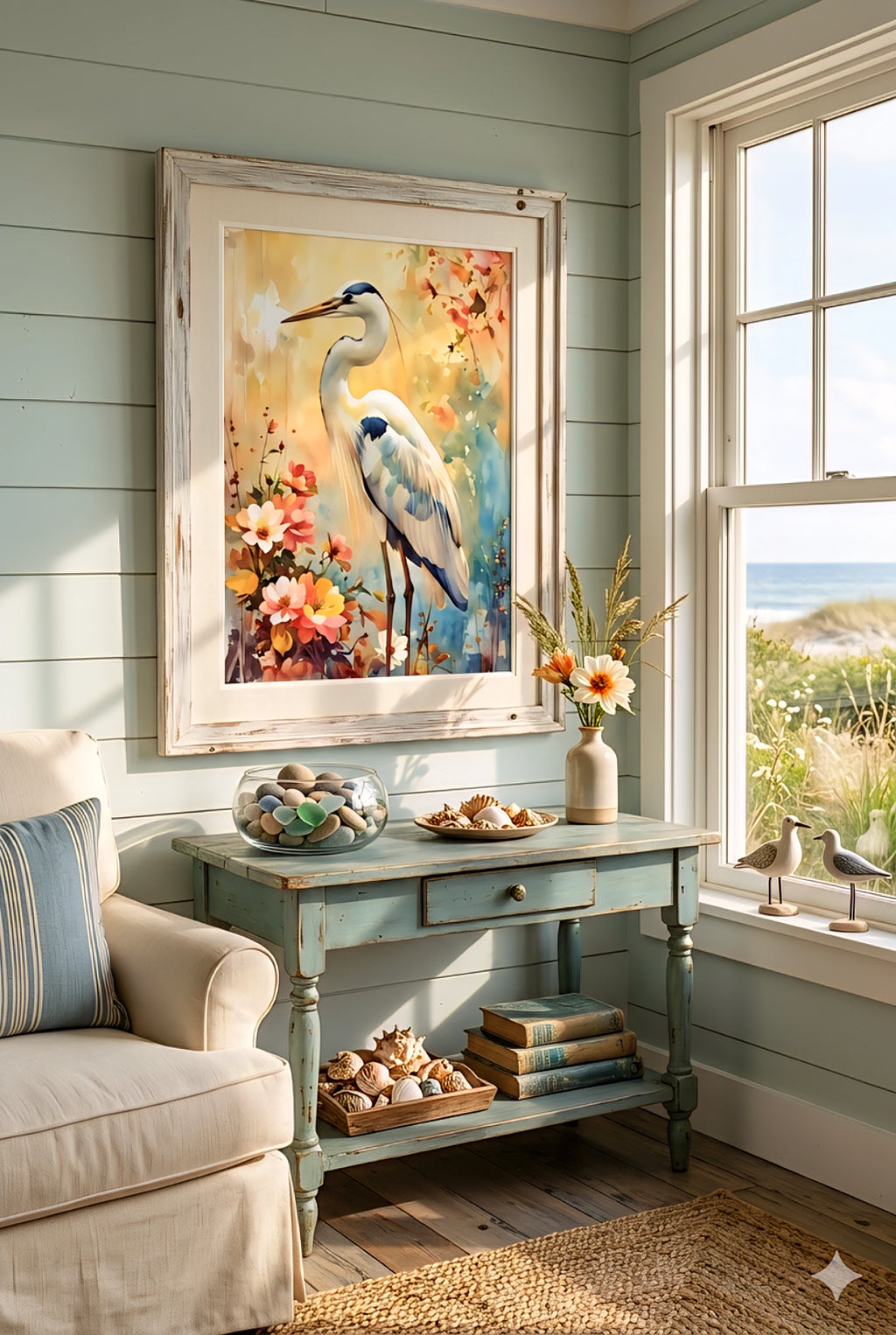 Great blue heron wall art print styled in a coastal beach house living room with soft green shiplap walls, ocean view window, and distressed wood console table, featuring a colorful floral watercolor bird artwork that adds relaxed seaside charm, perfect oversized statement art for coastal decor, cottagecore interiors, and serene home styling, digital download printable in multiple ratios for flexible wall display