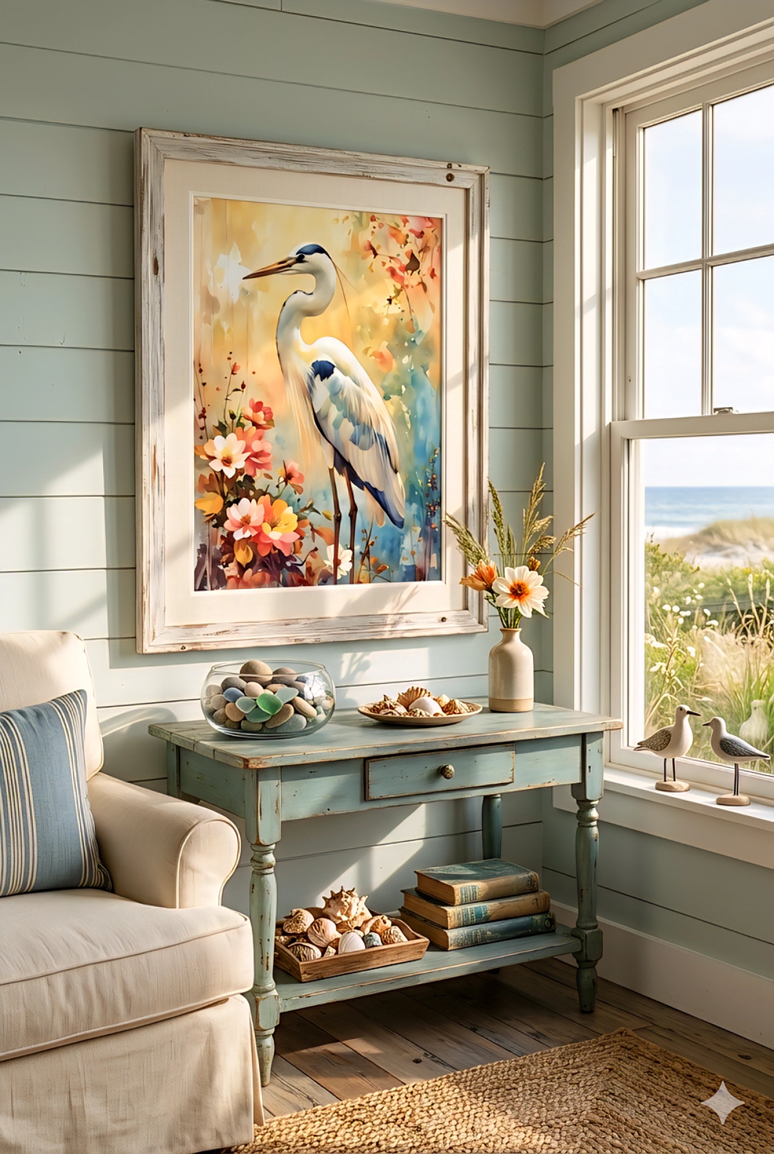 Great blue heron wall art print styled in a coastal beach house living room with soft green shiplap walls, ocean view window, and distressed wood console table, featuring a colorful floral watercolor bird artwork that adds relaxed seaside charm, perfect oversized statement art for coastal decor, cottagecore interiors, and serene home styling, digital download printable in multiple ratios for flexible wall display