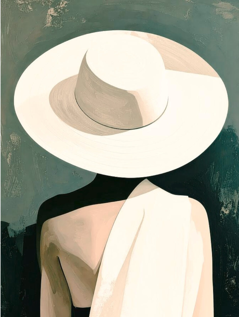 Abstract art piece with a large white hat and draped fabric on a dark green background