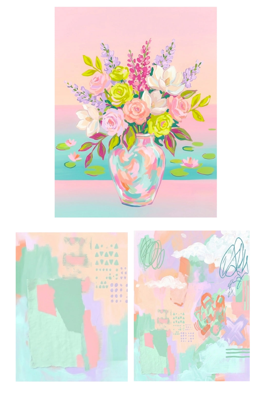 Digital download coastal gallery wall set preview, pastel abstract and floral beach art bundle set of prints