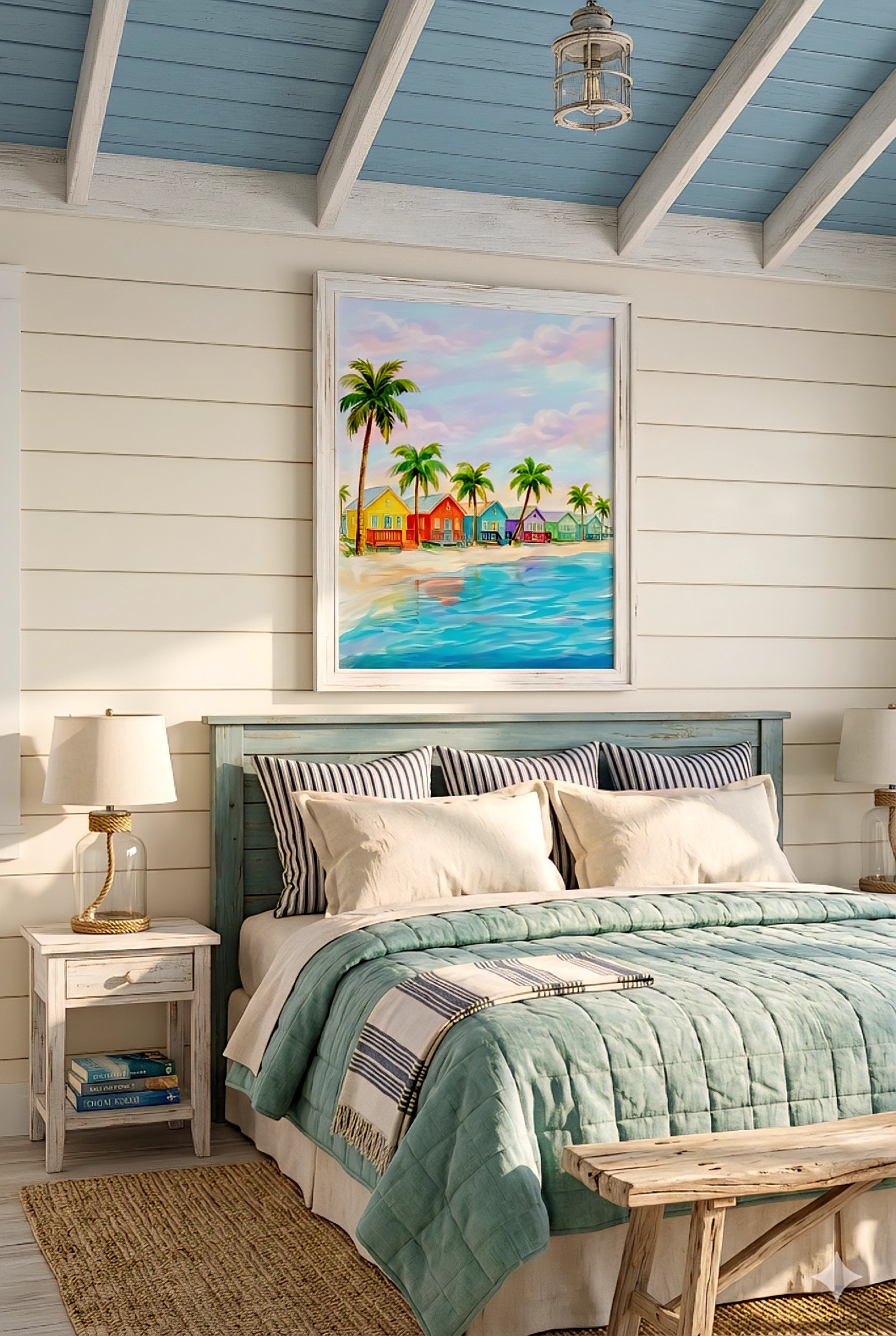 Colorful beach houses wall art in coastal bedroom, tropical palm tree ocean print framed above bed for bright beach house decor