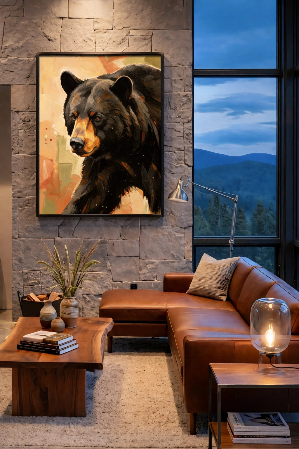 Black bear wall art in modern cabin living room with stone wall, leather sofa, and mountain view window