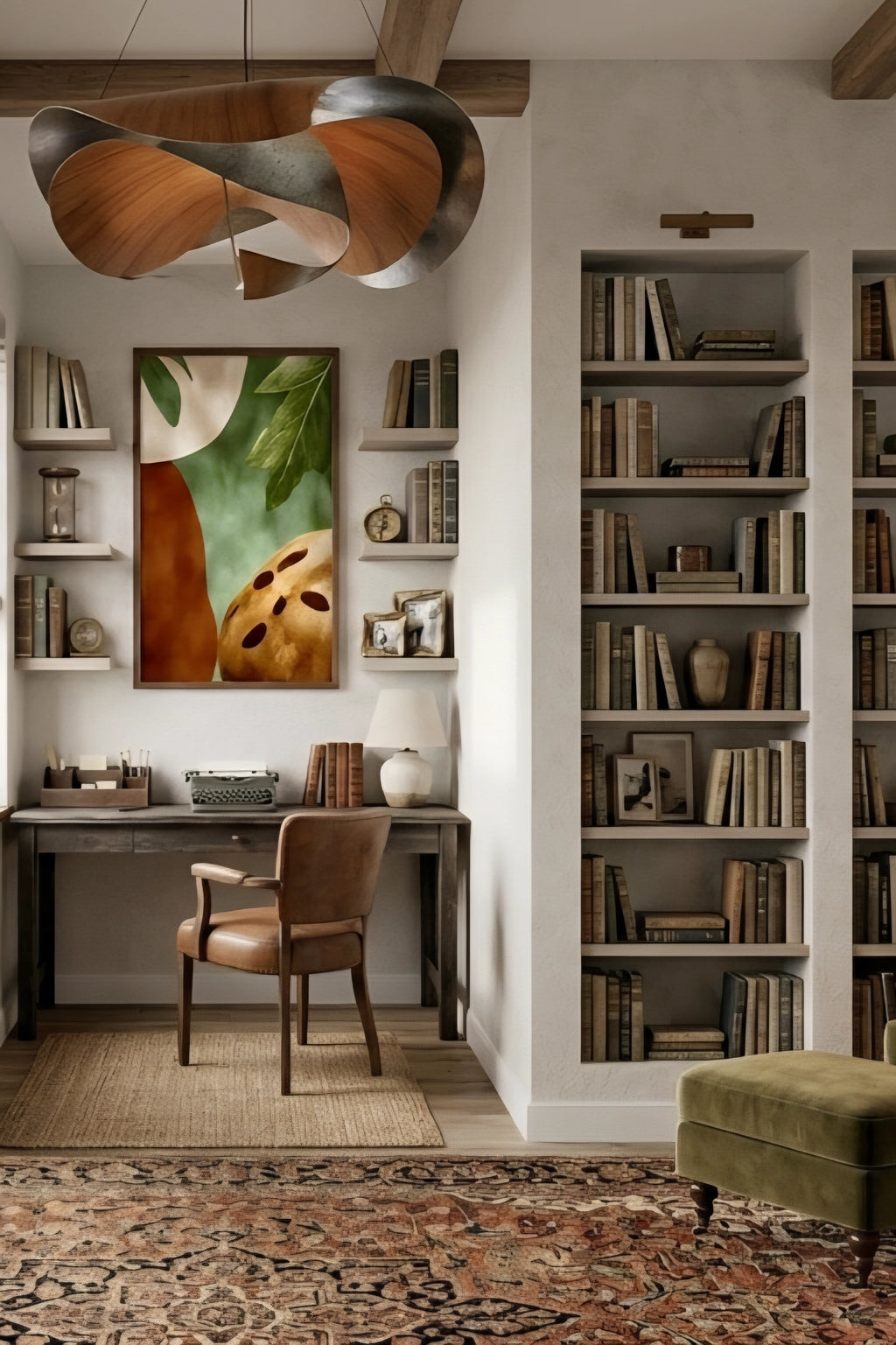 Earth tone abstract botanical wall art with green leaves and terracotta shapes displayed in a cozy home office library, vertical framed print above vintage wood desk with leather chair, built in bookshelves, warm lighting and layered textures for classic modern workspace design