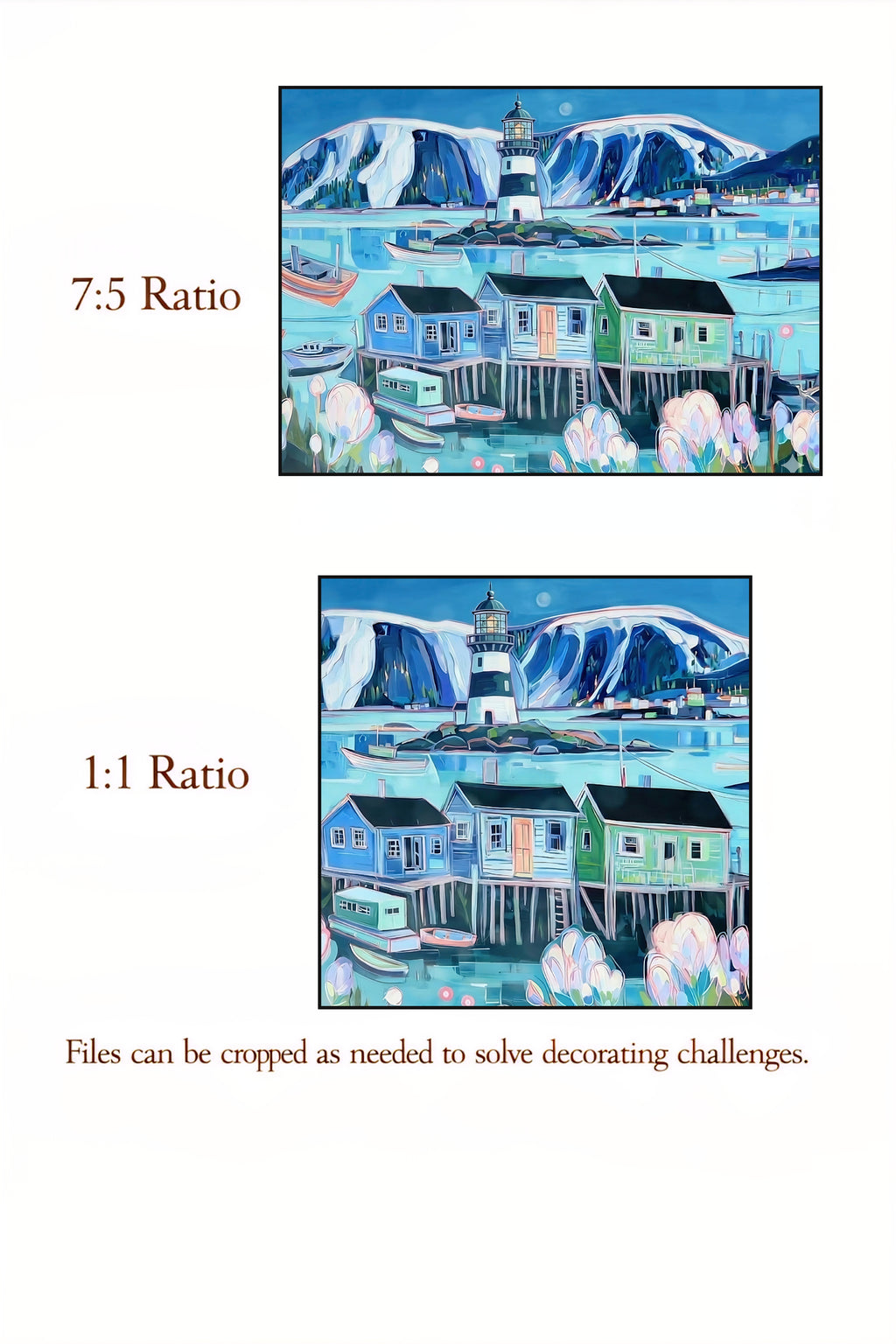 Comparison of 7:5 and 1:1 aspect ratios with a coastal scene illustration.