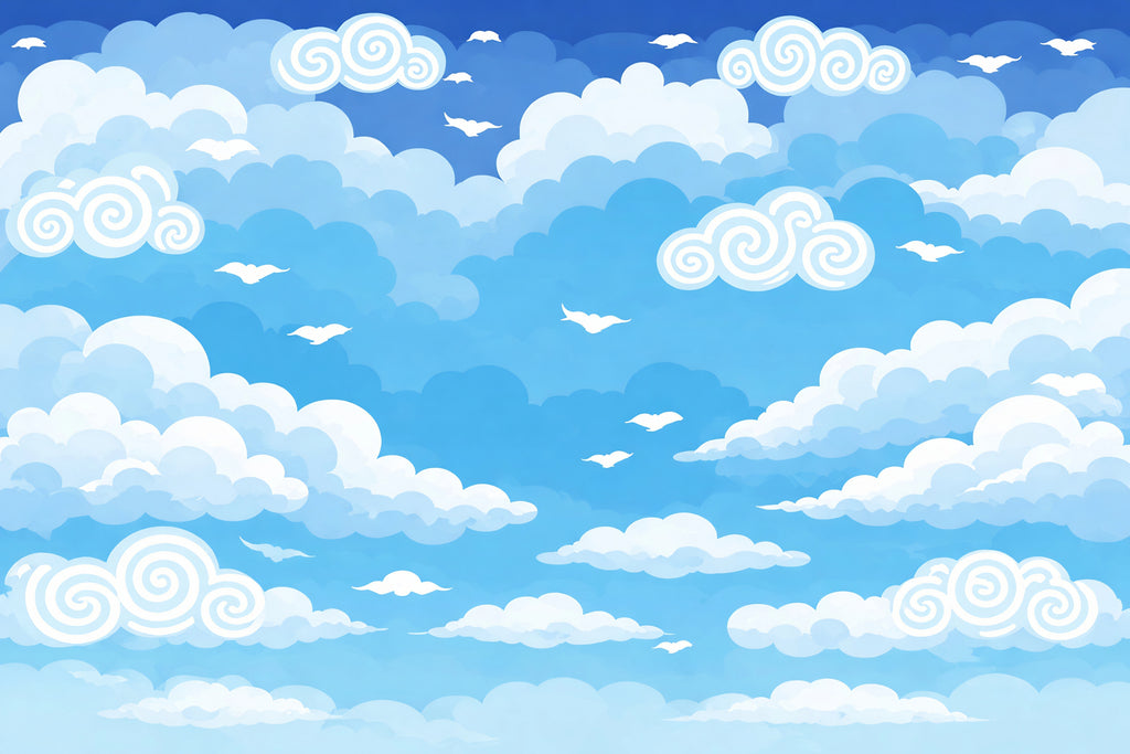 Cartoon-style blue sky with white clouds and birds