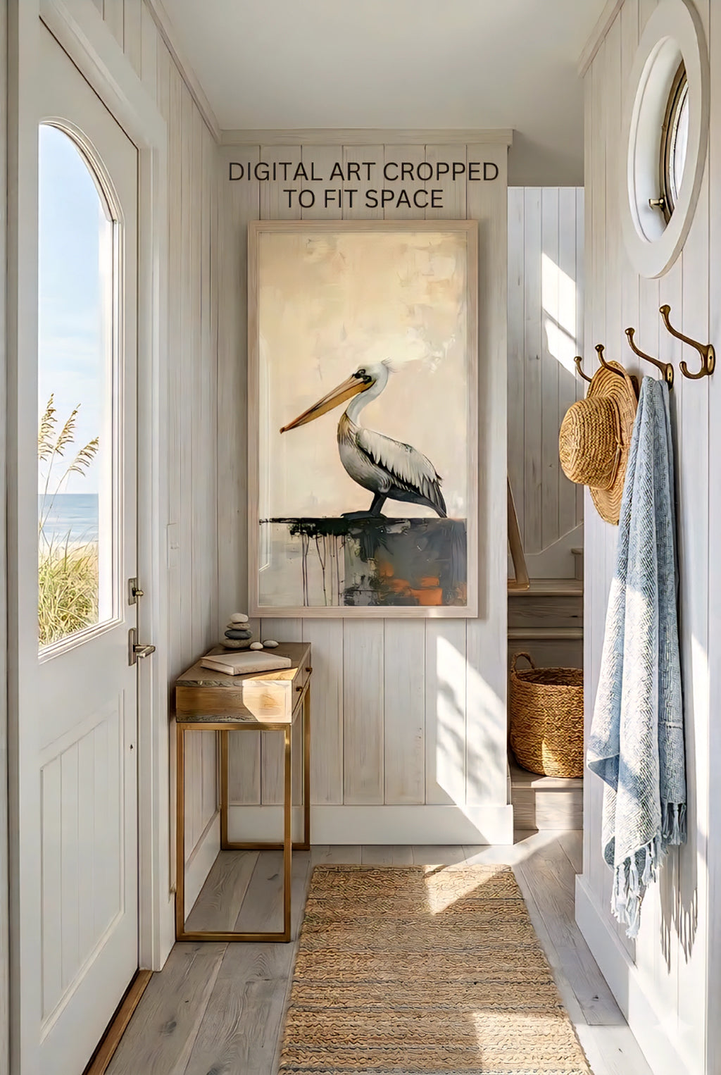 Coastal entryway decor with pelican wall art printable digital download displayed in a bright beach house hallway. Art cropped to fit narrow space.