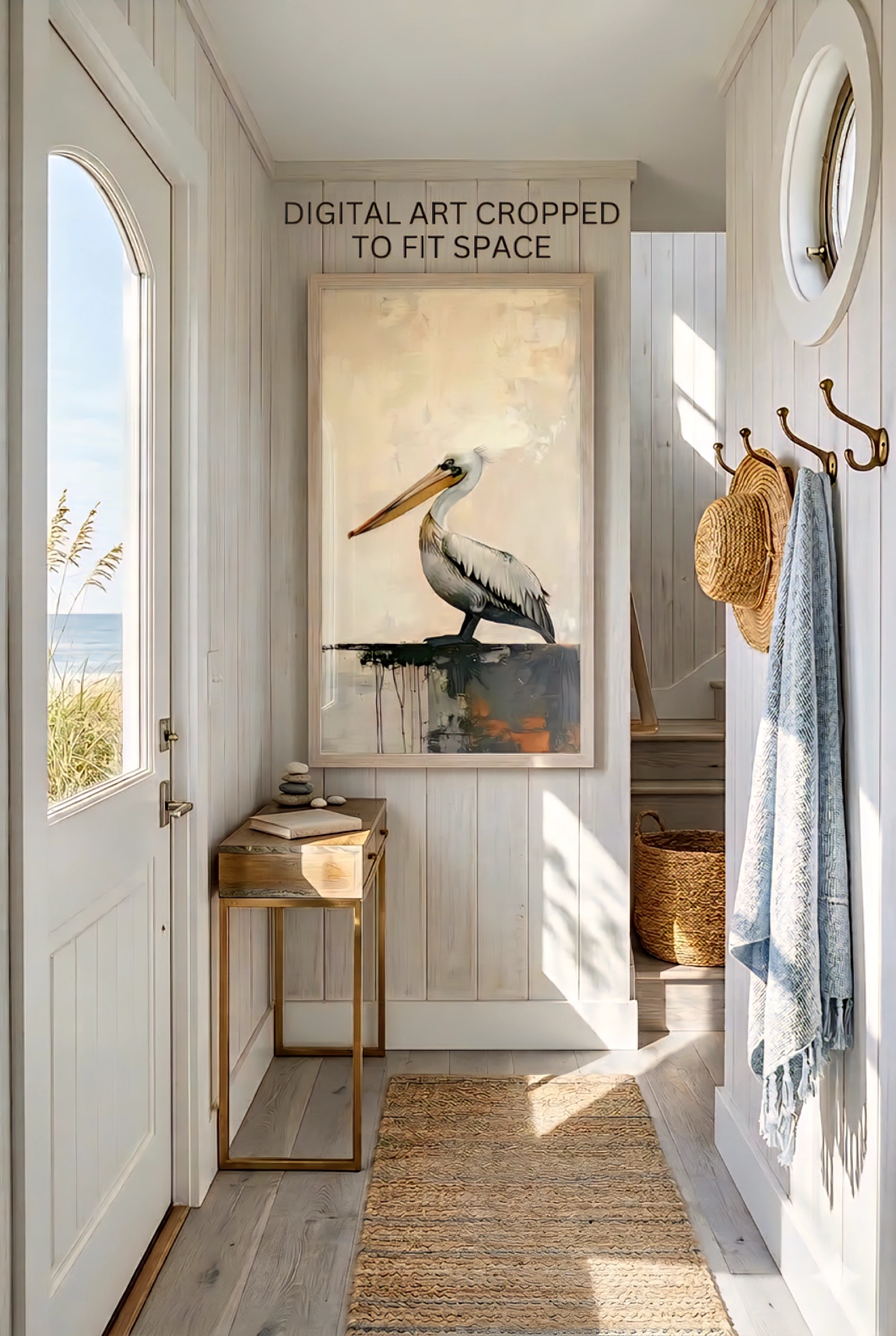 Coastal entryway decor with pelican wall art printable digital download displayed in a bright beach house hallway. Art cropped to fit narrow space.