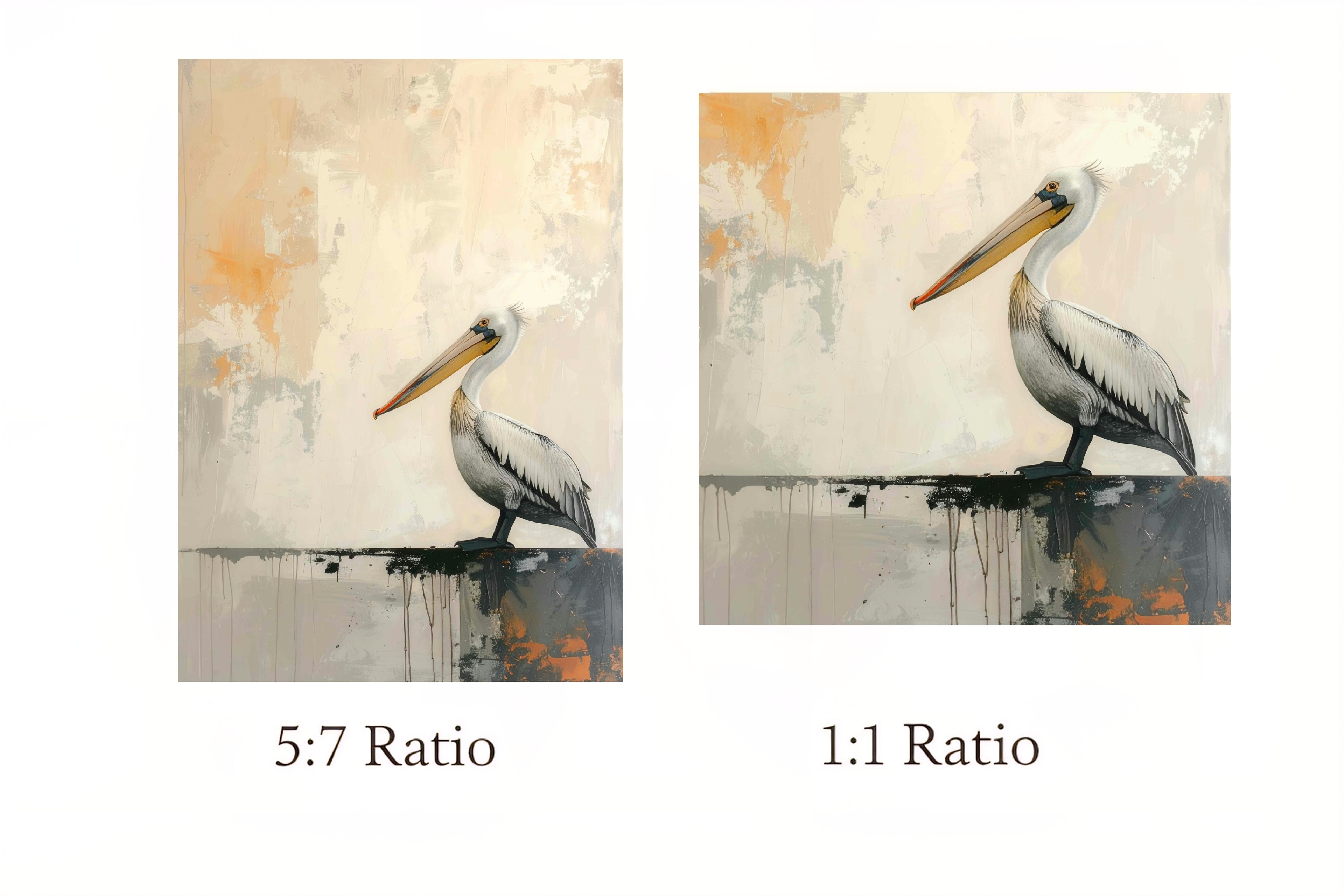 Two paintings of a pelican with different aspect ratios on a white background.