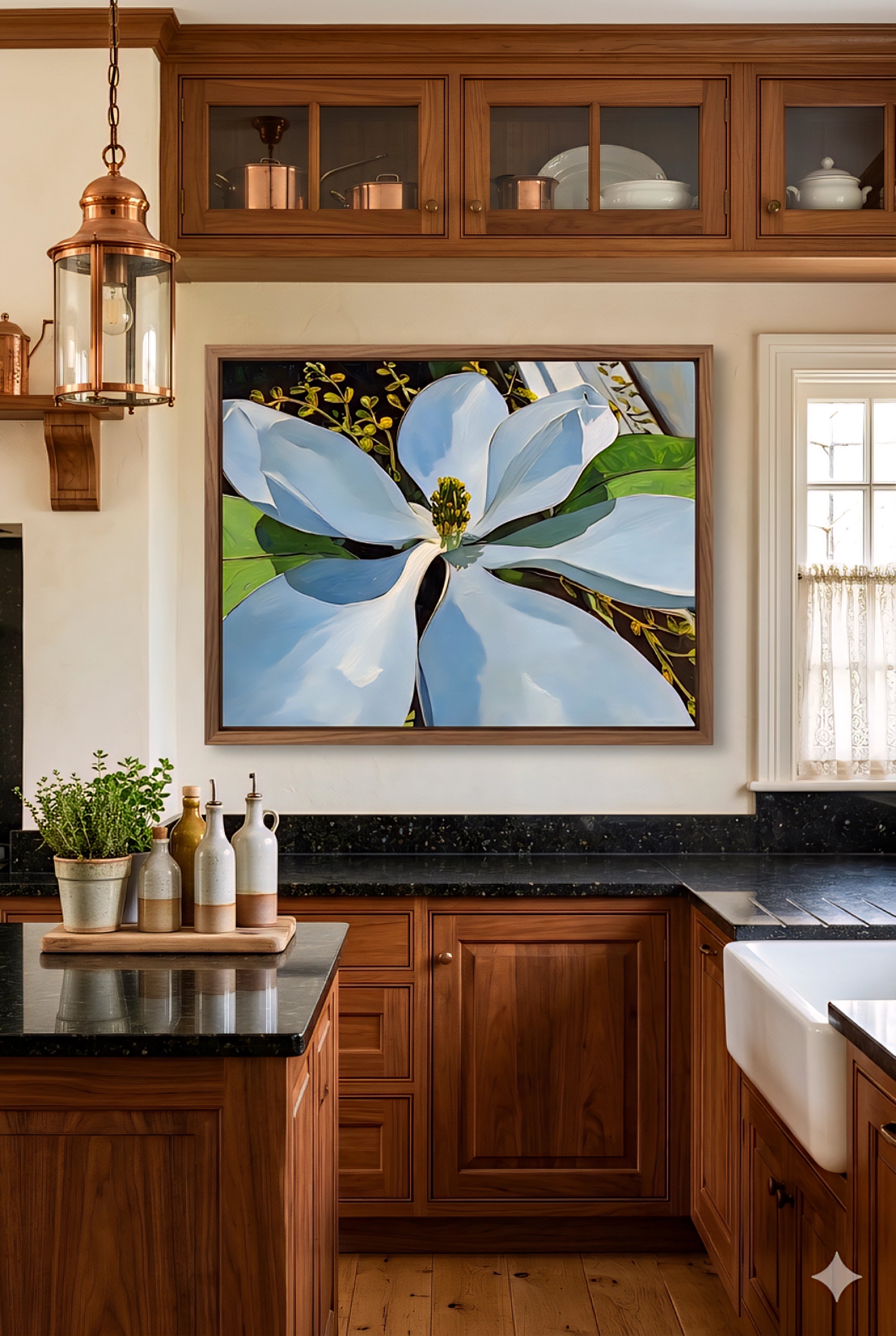 Magnolia flower wall art digital download in warm wood kitchen, large white floral print above counter, botanical printable artwork, rustic modern kitchen decor with neutral tones and greenery