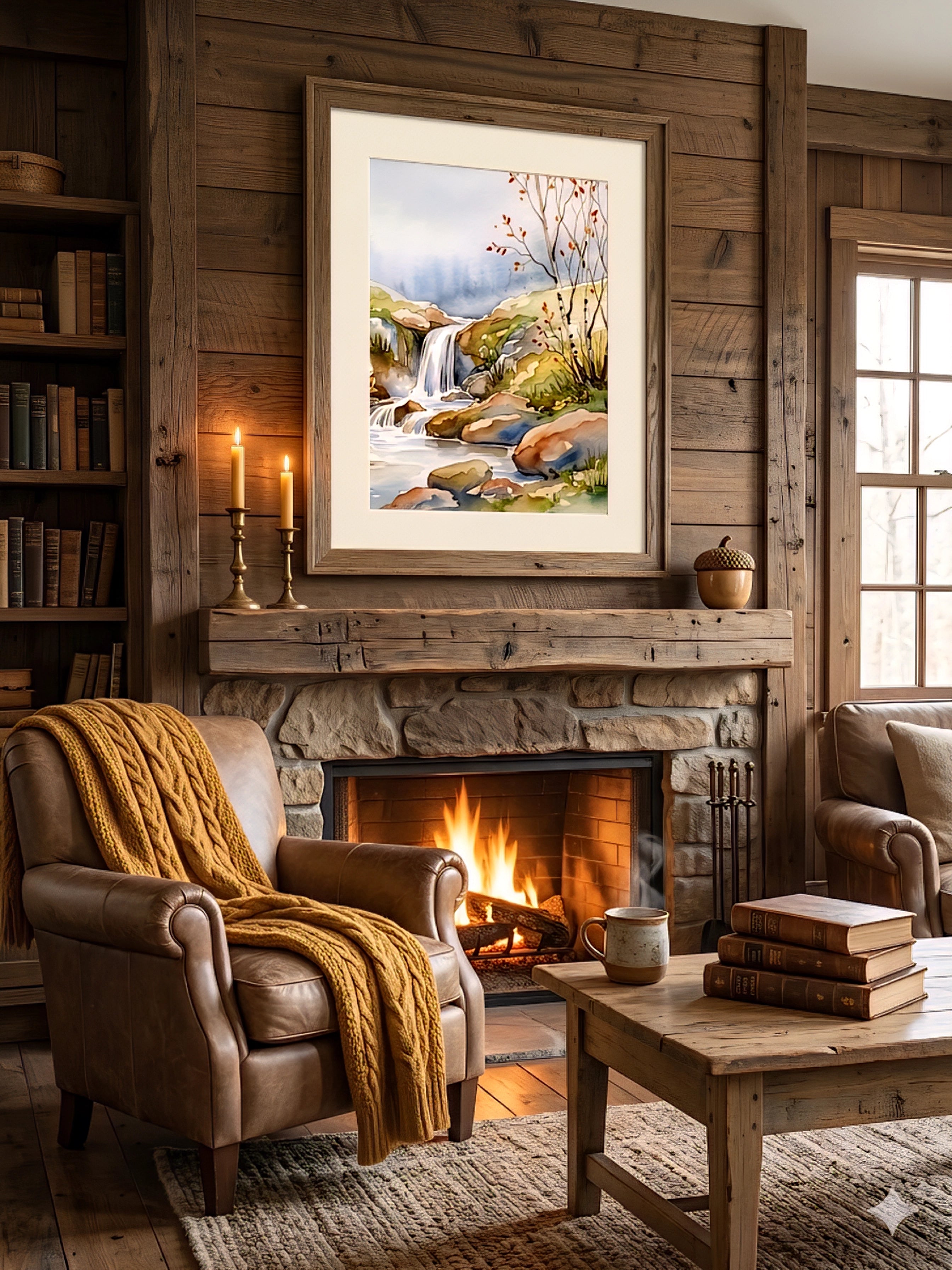 Waterfall landscape printable wall art displayed above a rustic stone fireplace, featuring a soft watercolor nature scene with warm earthy tones and cozy cabin decorinspo styling.