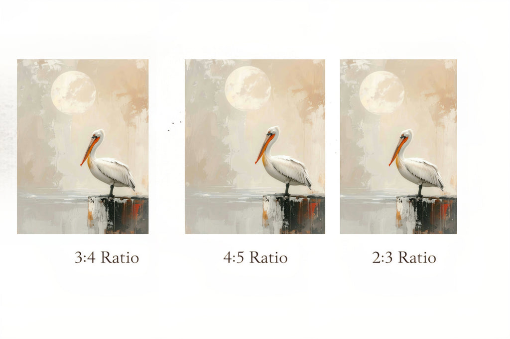 Three different aspect ratio examples with a pelican painting.