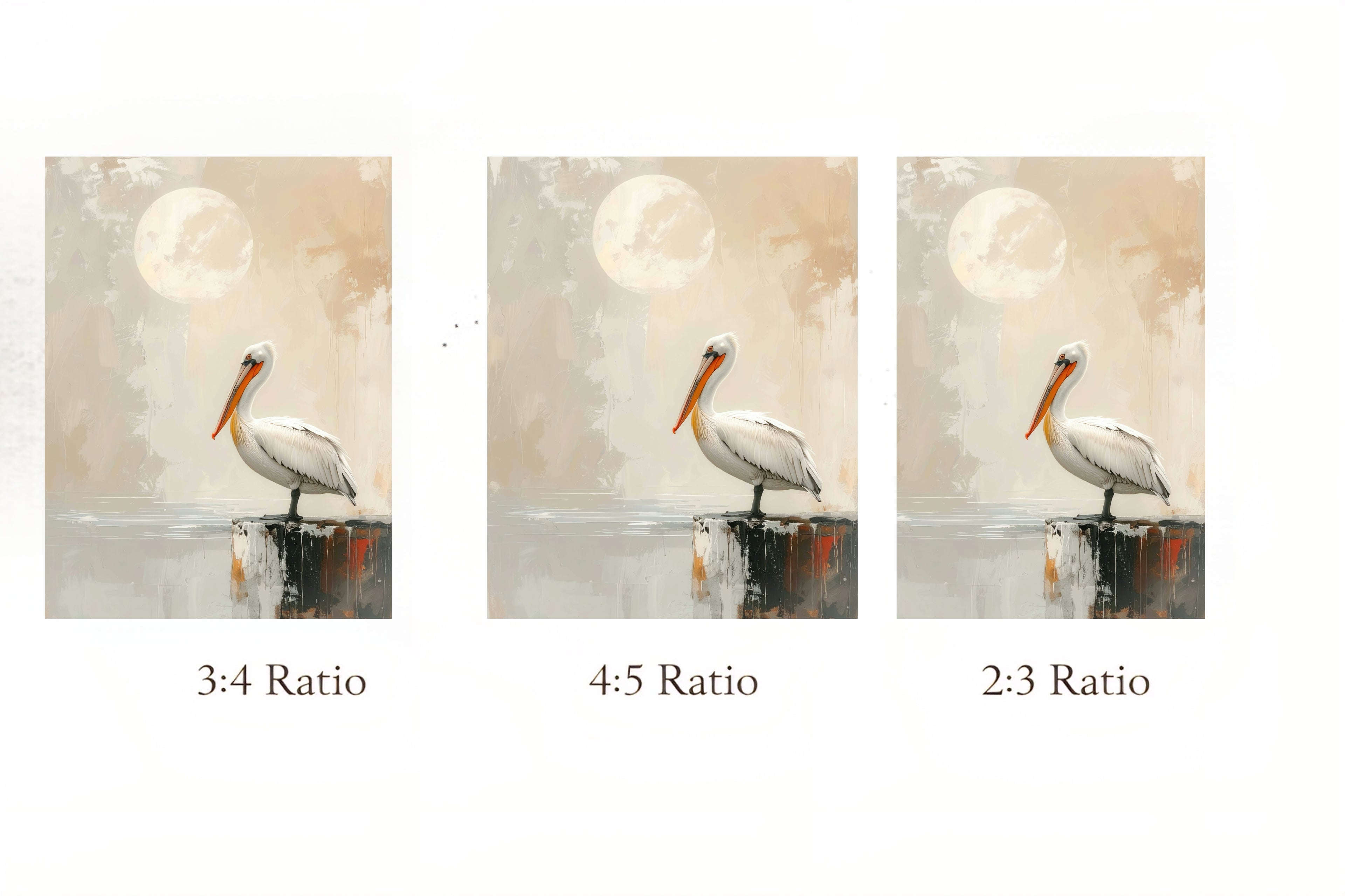 Three different aspect ratio examples with a pelican painting.