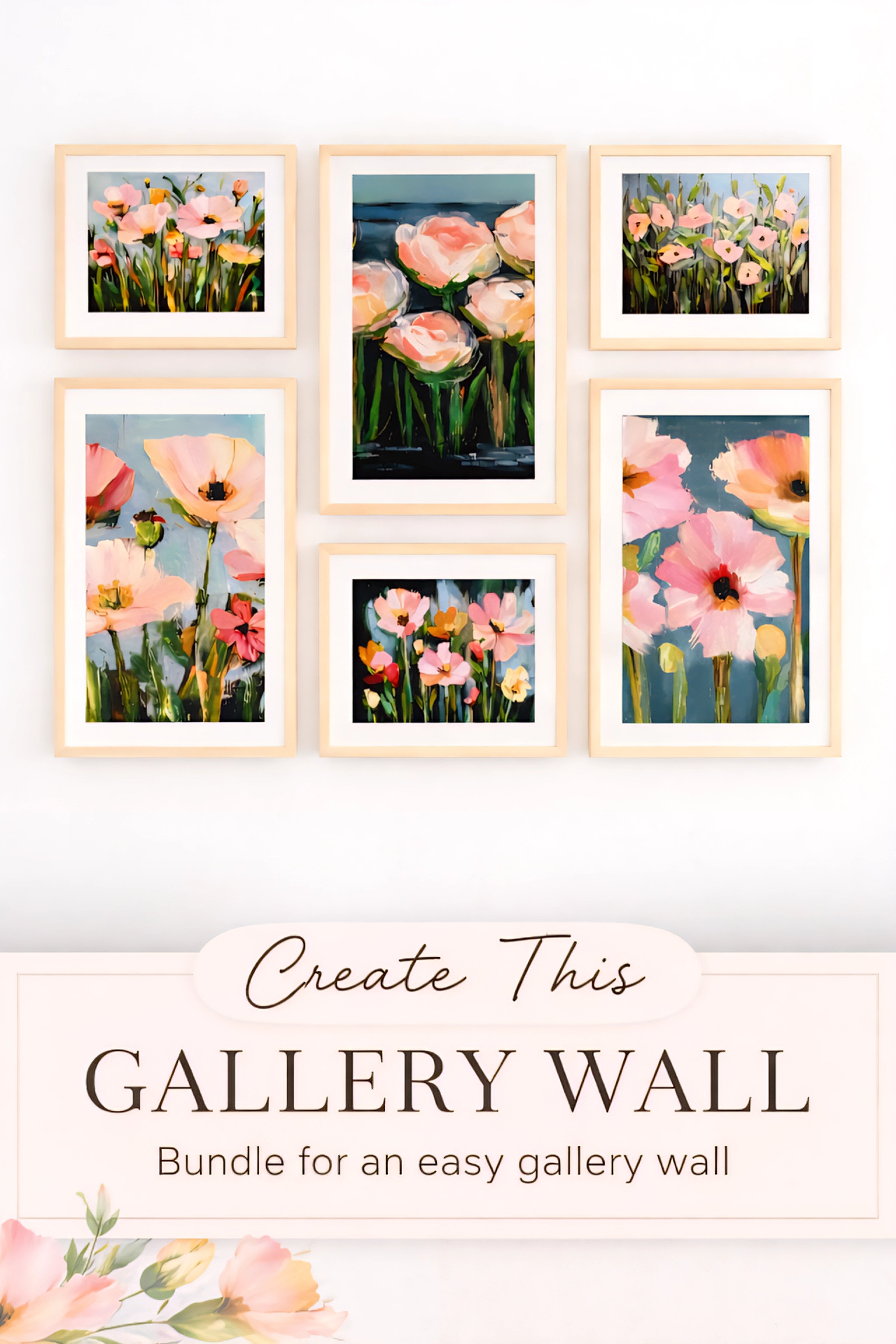 floral gallery wall bundle printable art set of 6 with soft pink and peach flower prints in light wood frames shown in symmetrical layout with create this gallery wall text overlay