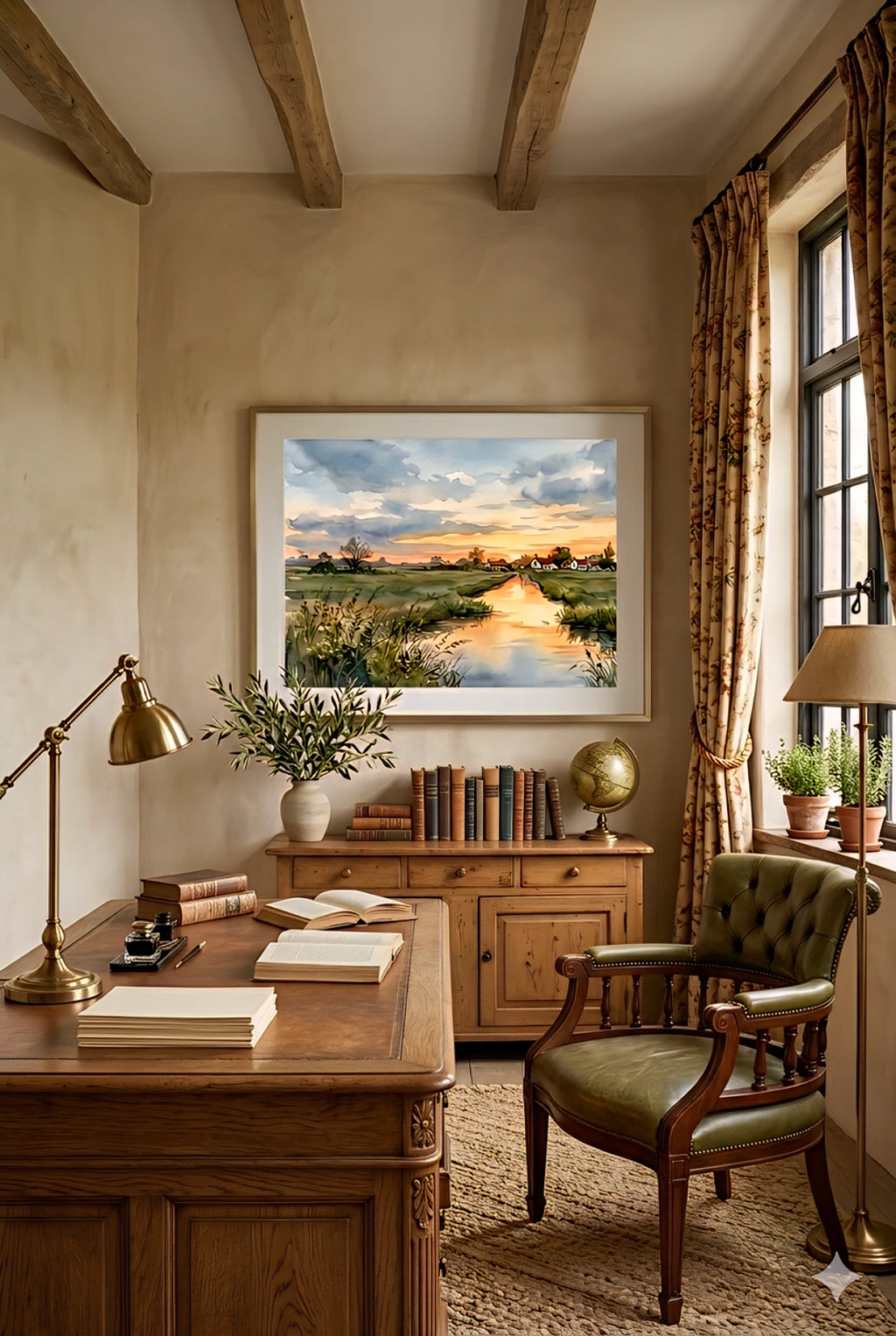 Traditional home office with framed coastal sunset village printable wall art above wood cabinet with books, globe, and warm classic decor