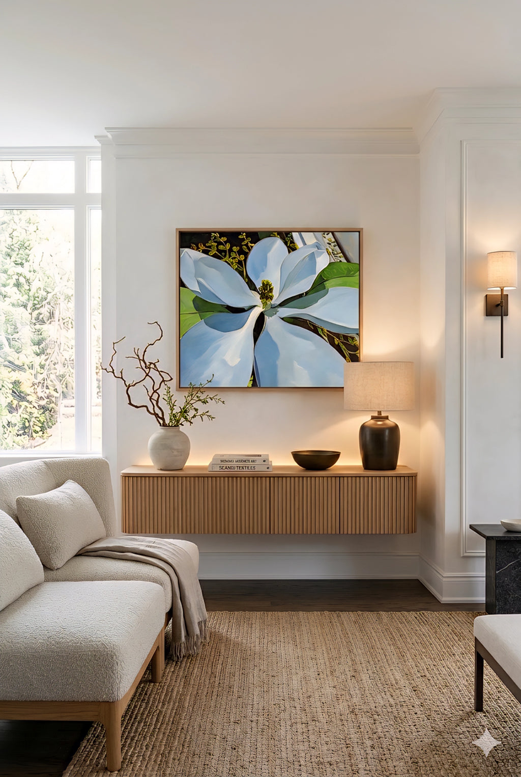 Magnolia wall art digital download in neutral living room, large white floral print above floating console, botanical printable artwork, modern minimalist decor with warm lighting and natural textures