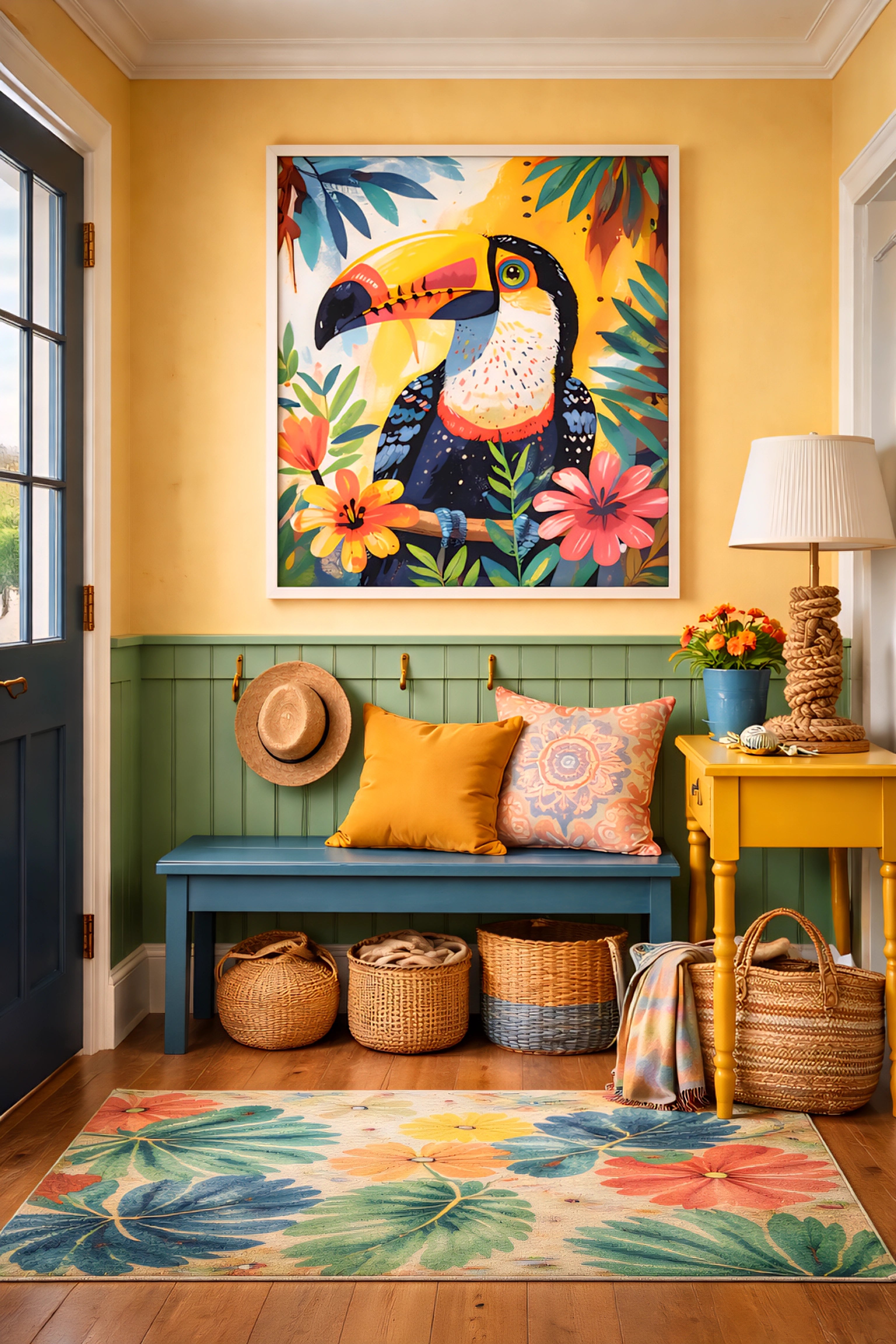 Tropical toucan printable wall art displayed in colorful entryway