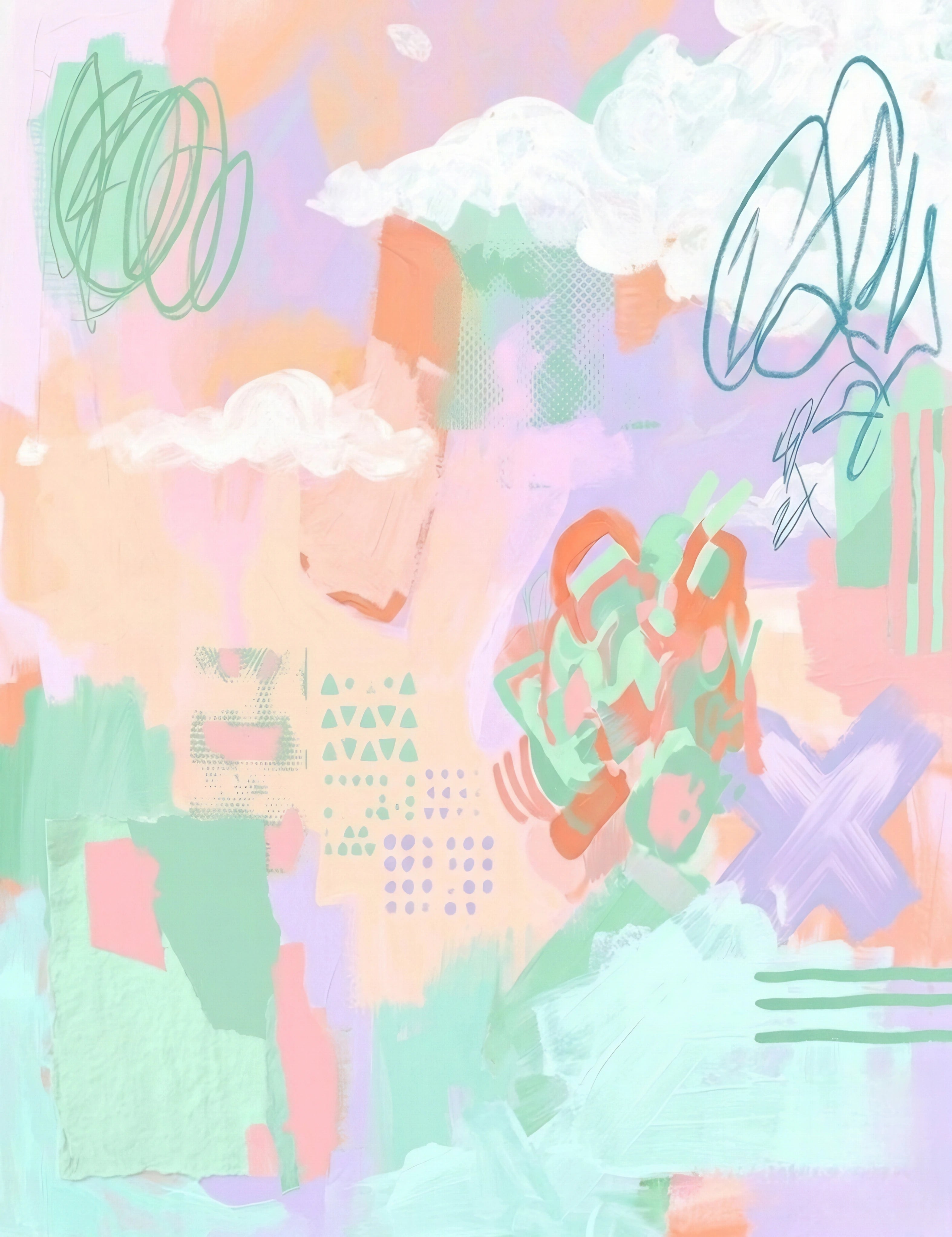 Abstract art with pastel colors and doodle elements