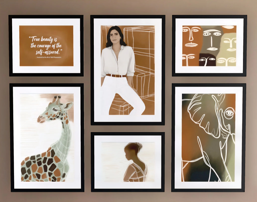 Earth tone safari gallery wall set of 6 digital downloads with giraffe, elephant, abstract faces, portrait and quote in modern balanced layout