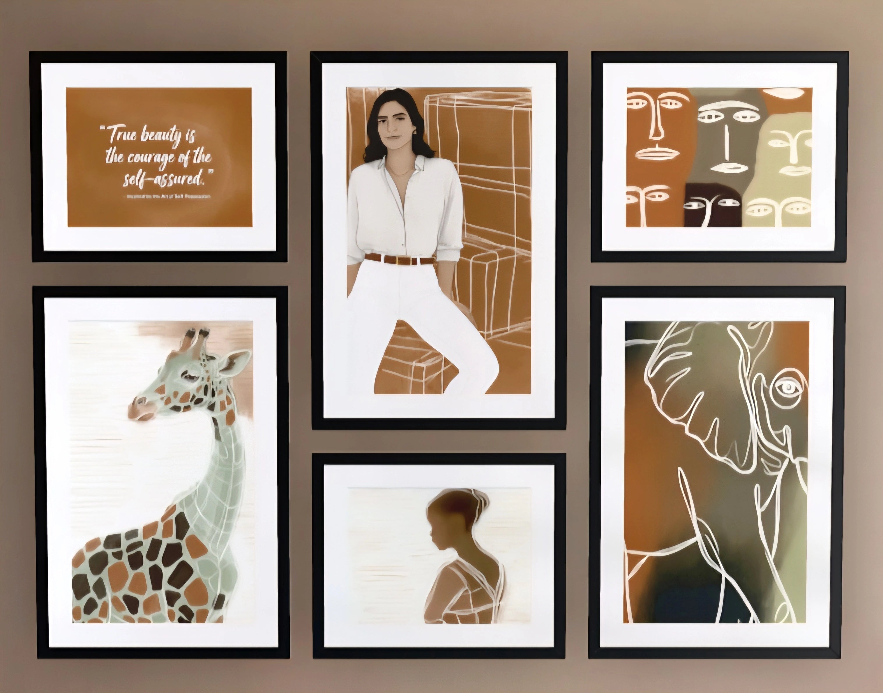 Earth tone safari gallery wall set of 6 digital downloads with giraffe, elephant, abstract faces, portrait and quote in modern balanced layout