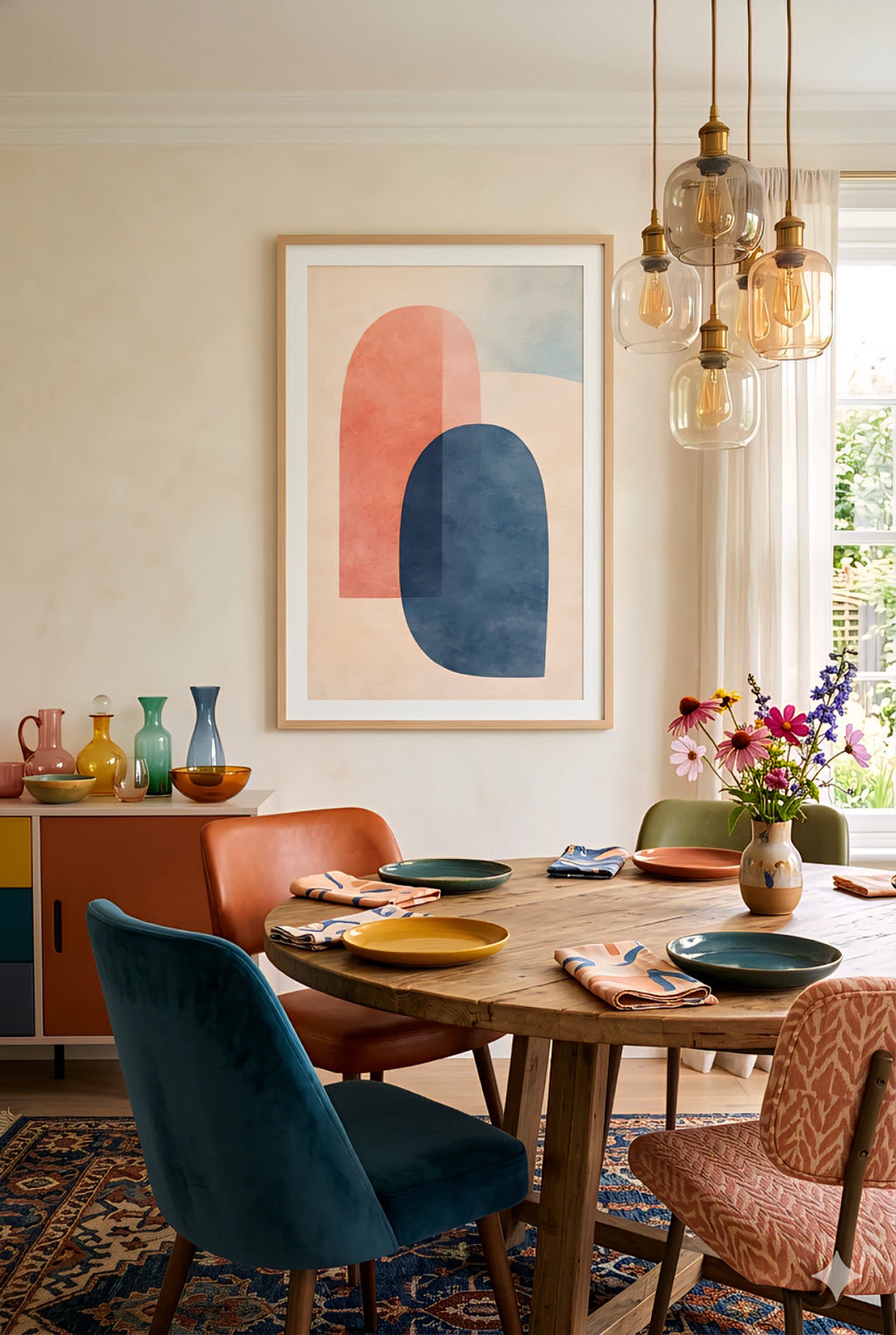 BOHO Dining room with a wooden table AND abstract art on the wall made from digital download.