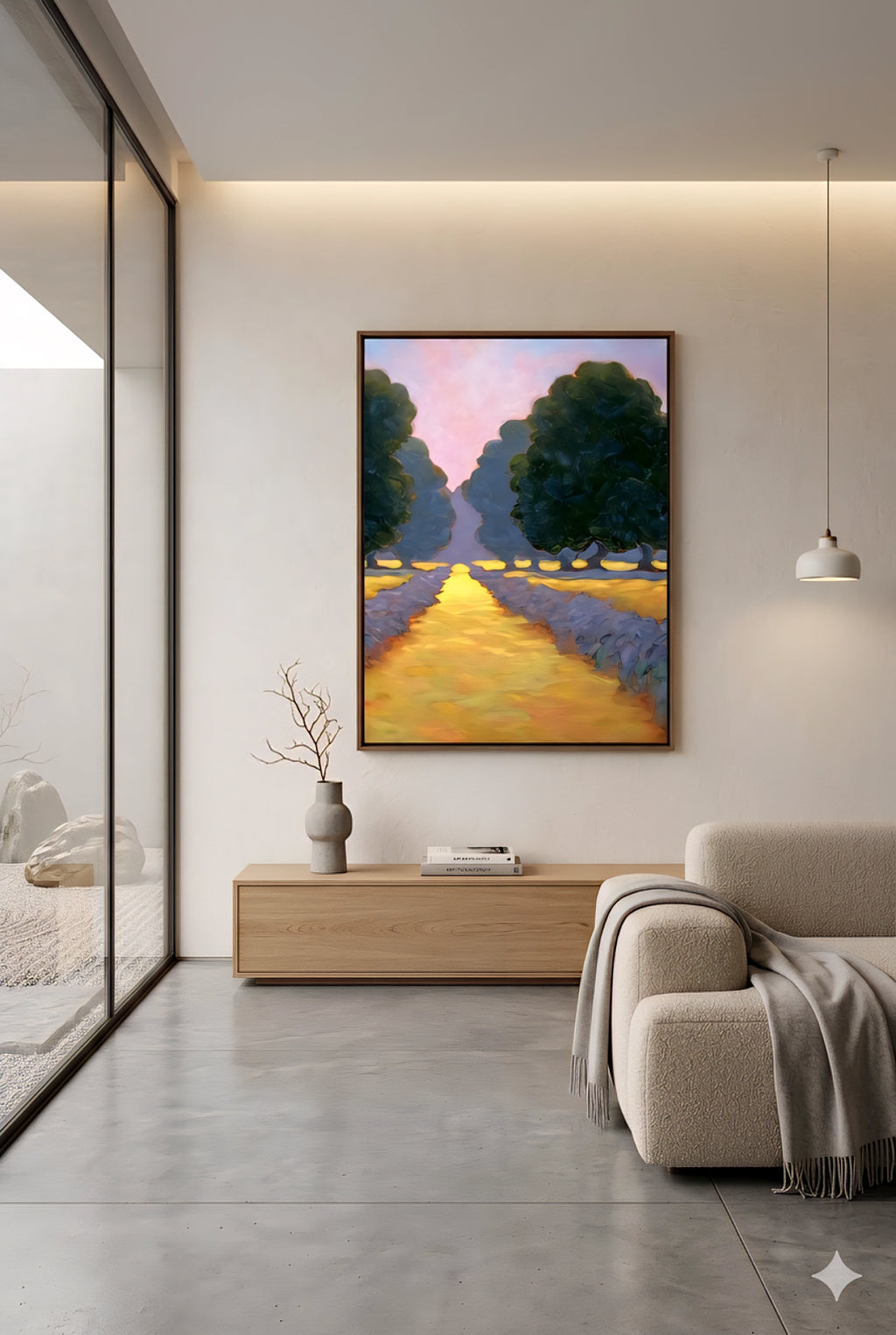 Framed lavender field wall art in a modern minimalist living room, featuring a glowing golden path between rows of purple flowers and lush green trees under a soft pastel sky, impressionist landscape style digital download, large statement artwork printable up to 55 inches