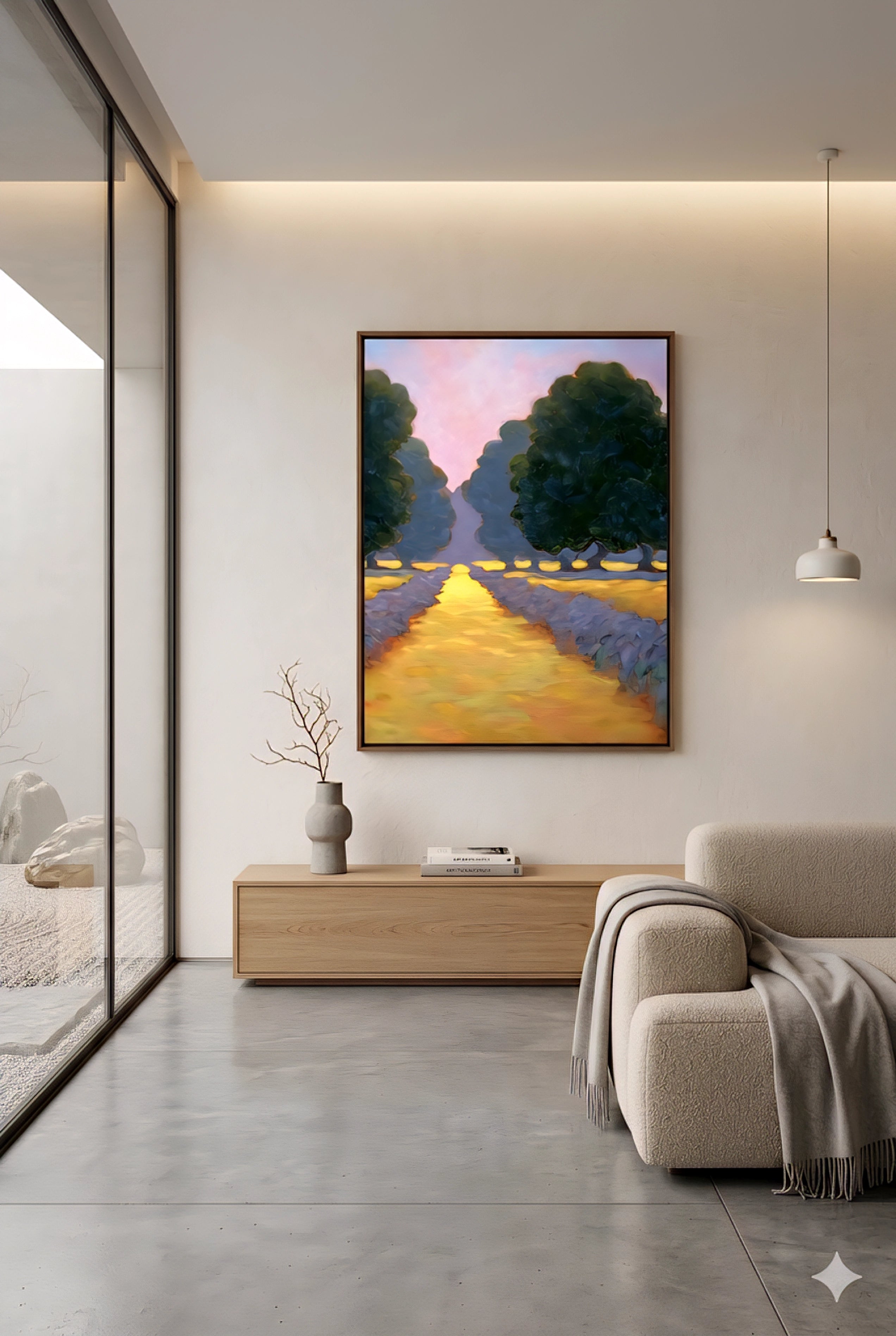 Framed lavender field wall art in a modern minimalist living room, featuring a glowing golden path between rows of purple flowers and lush green trees under a soft pastel sky, impressionist landscape style digital download, large statement artwork printable up to 55 inches