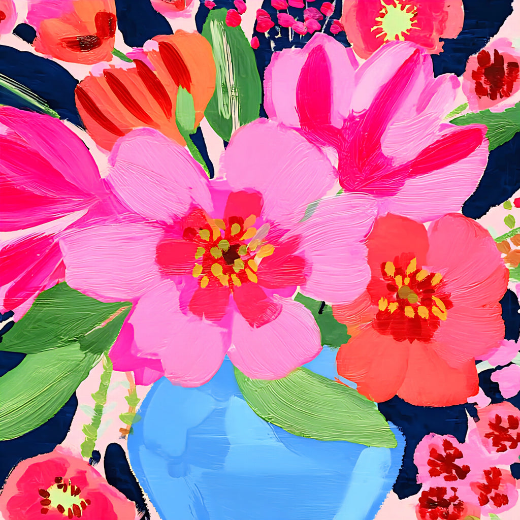 Colorful floral arrangement with a blue vase on a multicolored background