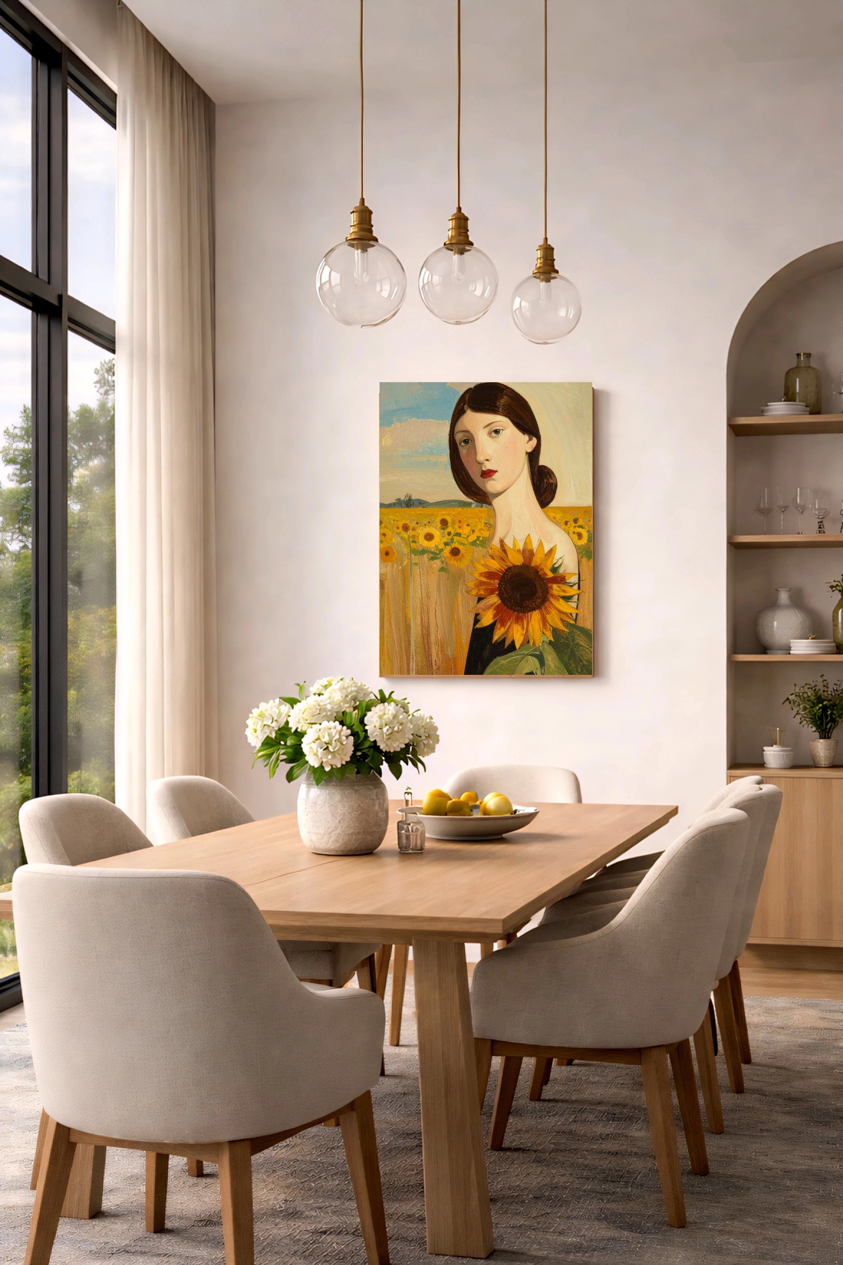 Modern dining room with DIY printable wall printing  of a woman with sunflowers.