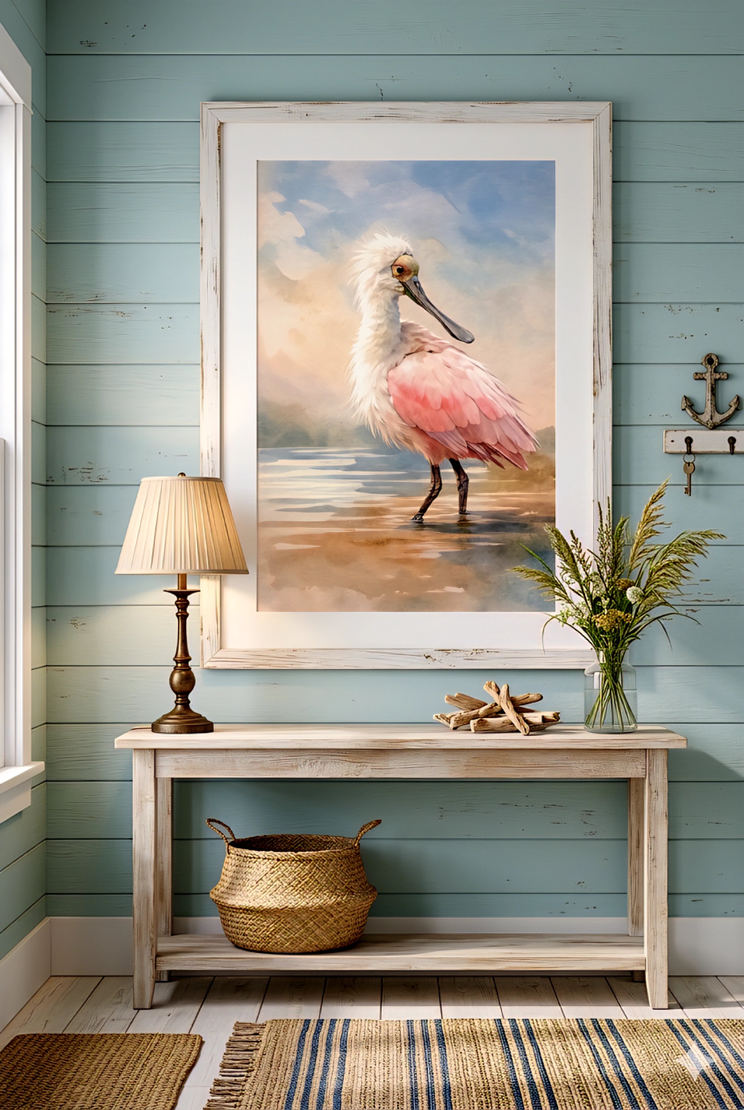 Coastal cottage entryway with spoonbill art created with digital download.