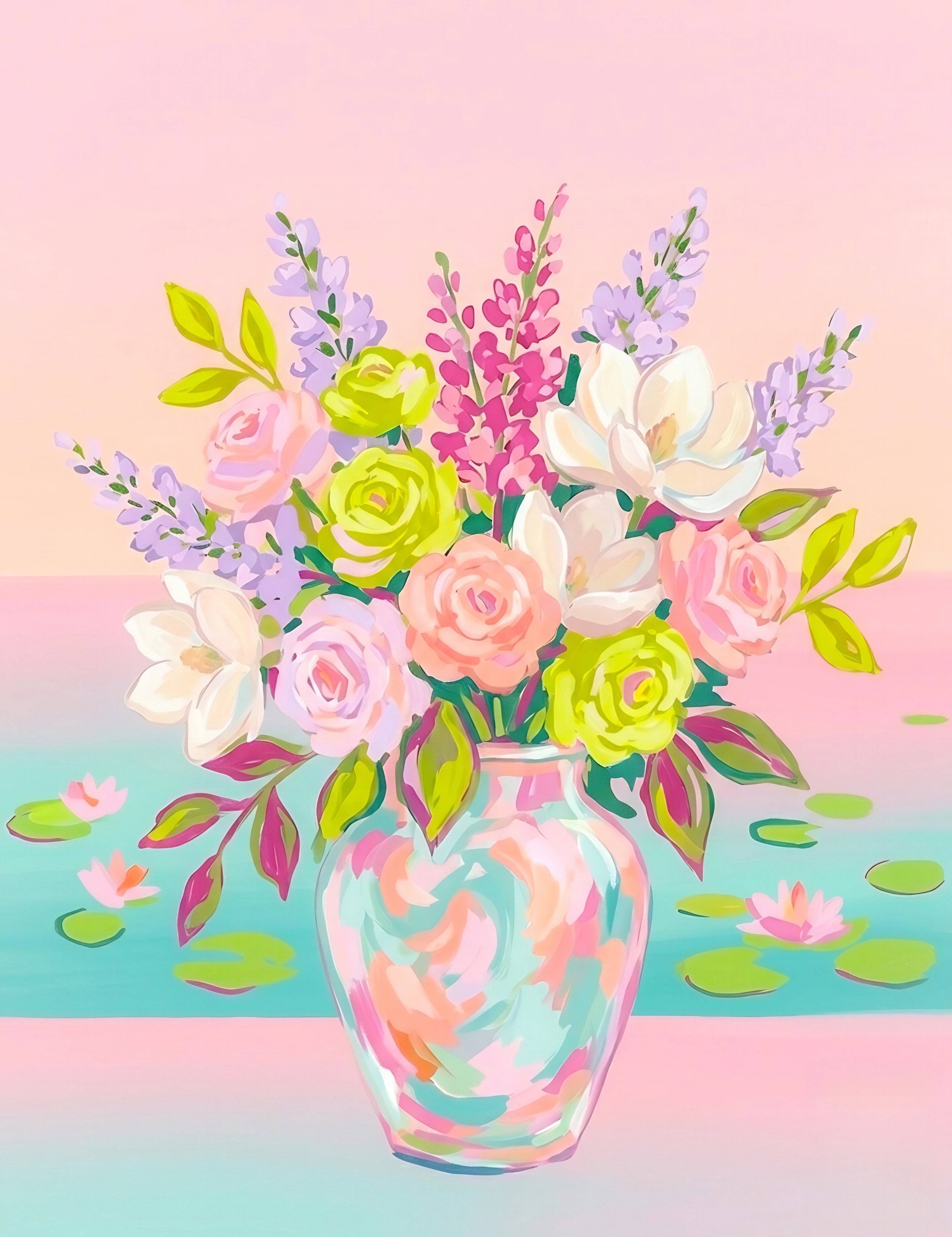 Digital download coastal floral vase art in pastel colors, beach-inspired flowers with soft ocean tones for gallery wall set