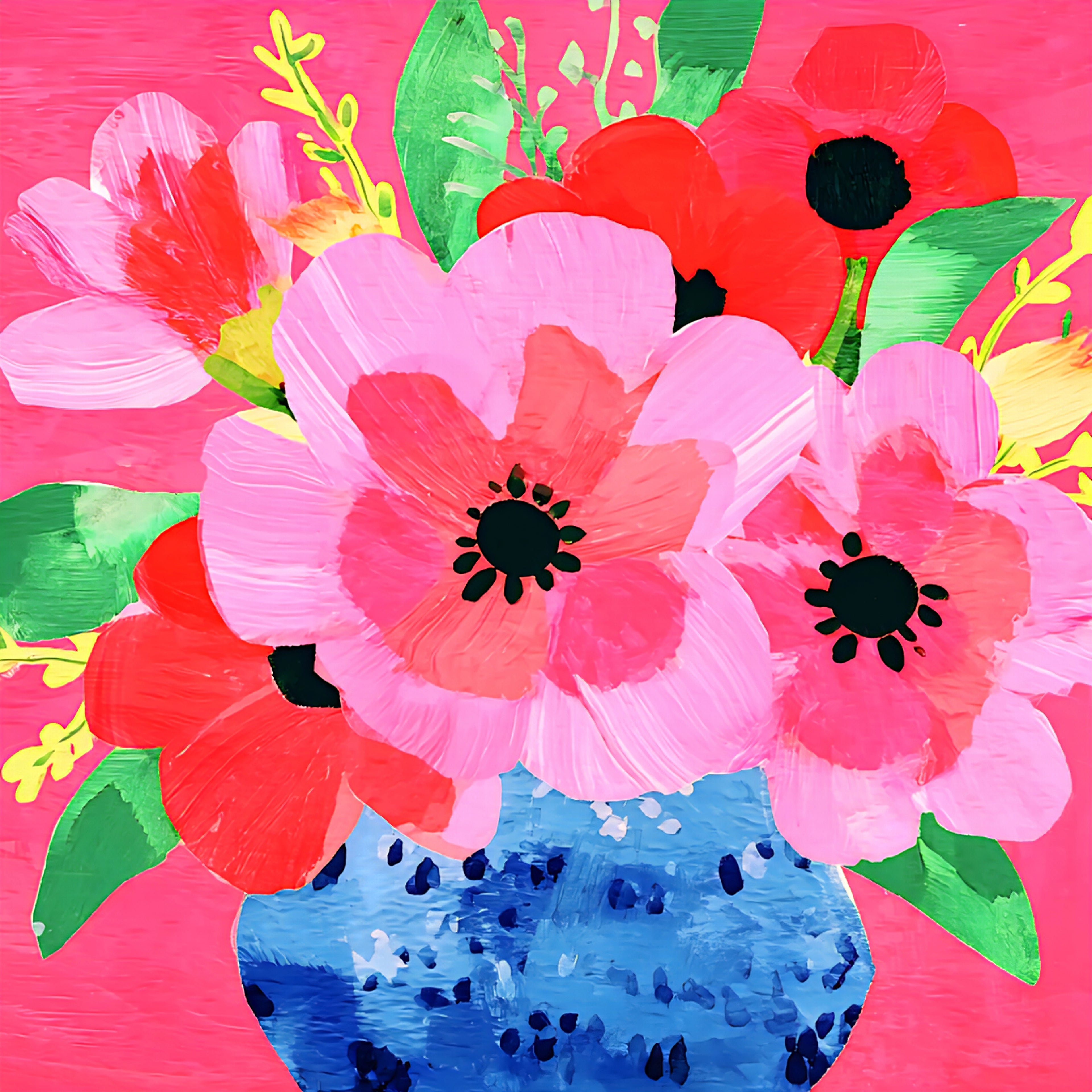 Colorful floral arrangement with pink and red flowers in a blue vase on a pink background