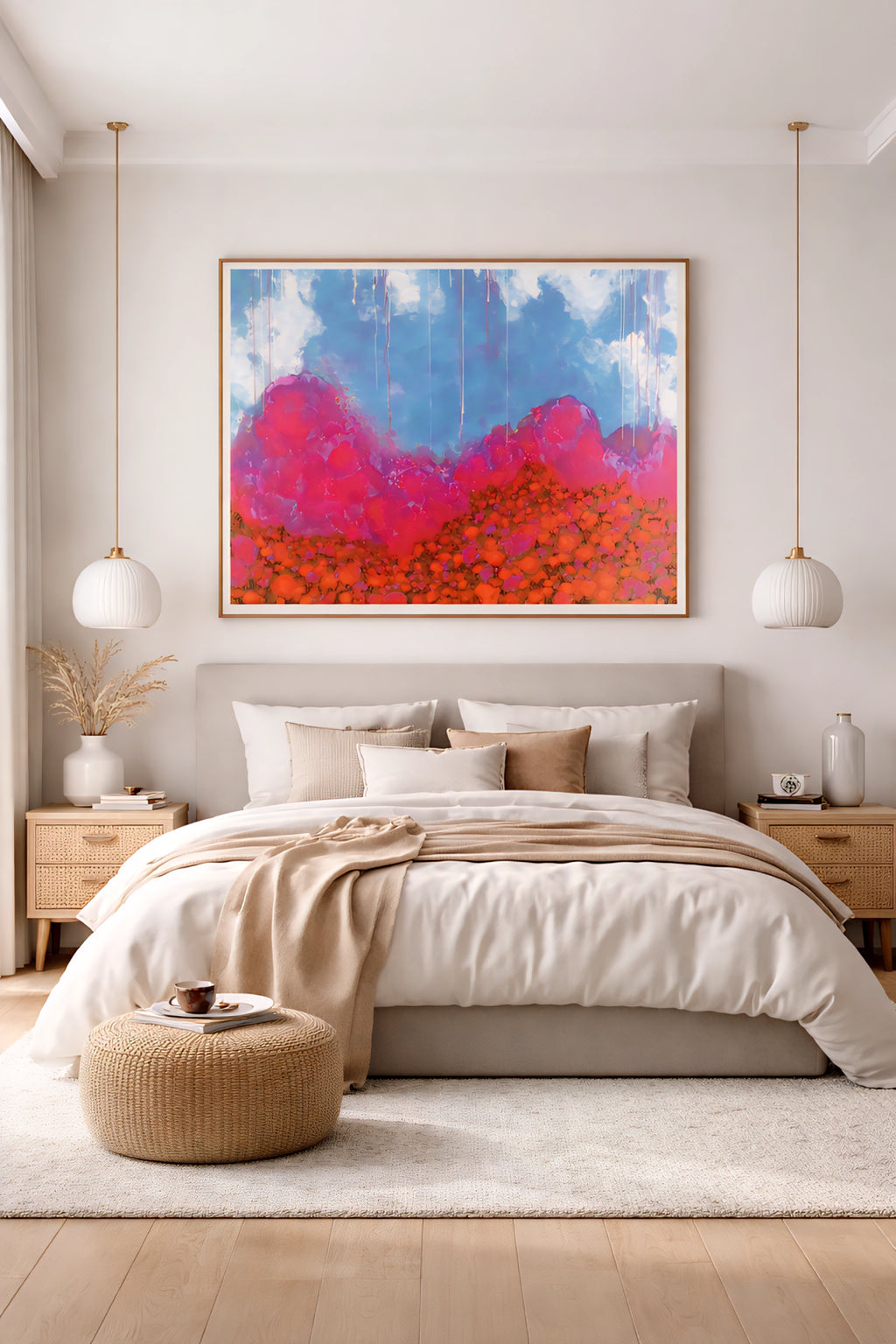 Large horizontal colorful abstract landscape wall art above neutral bed in modern bedroom with warm wood accents, soft textiles, and minimalist decor, printable digital download