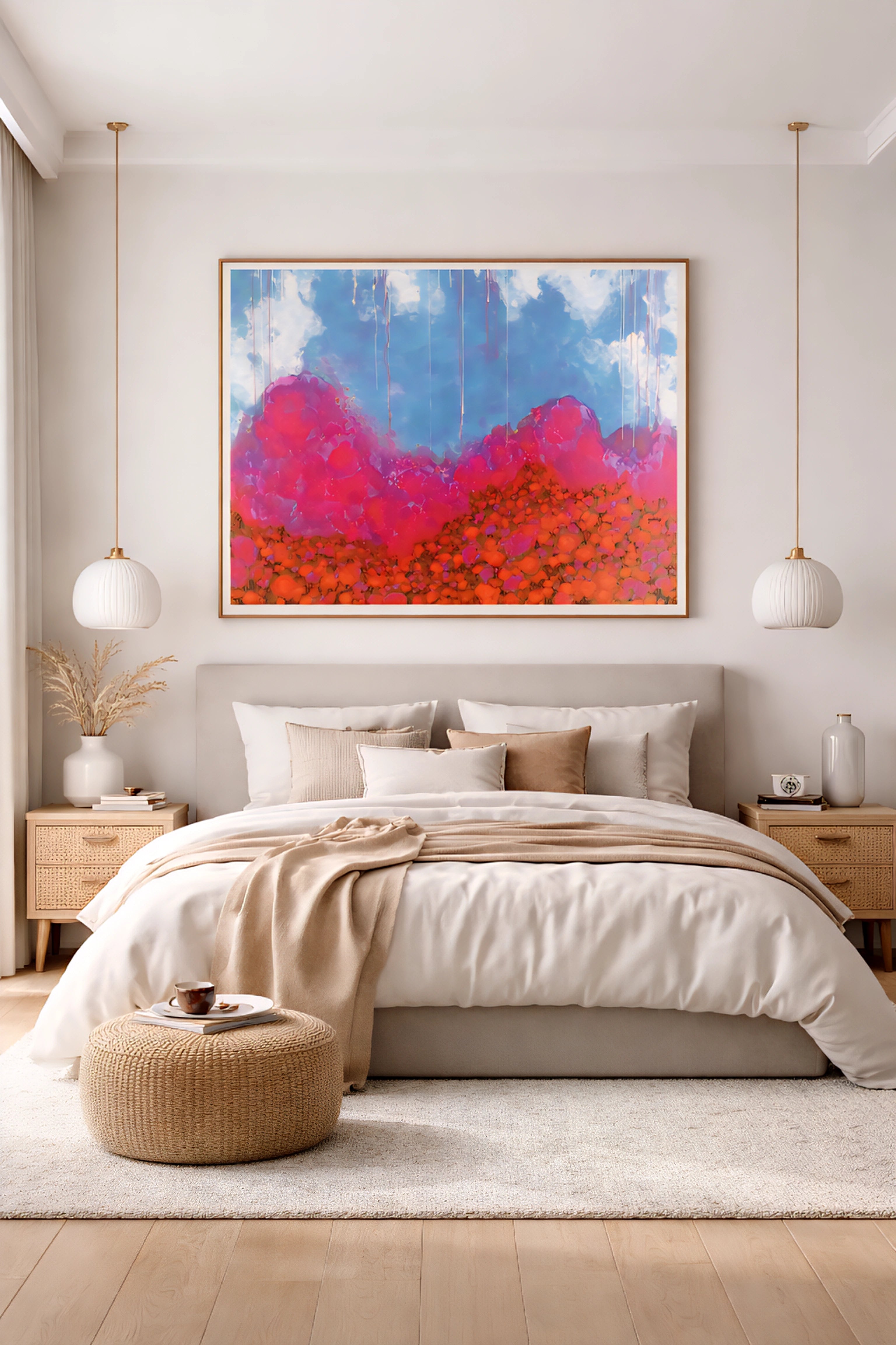 Large horizontal colorful abstract landscape wall art above neutral bed in modern bedroom with warm wood accents, soft textiles, and minimalist decor, printable digital download